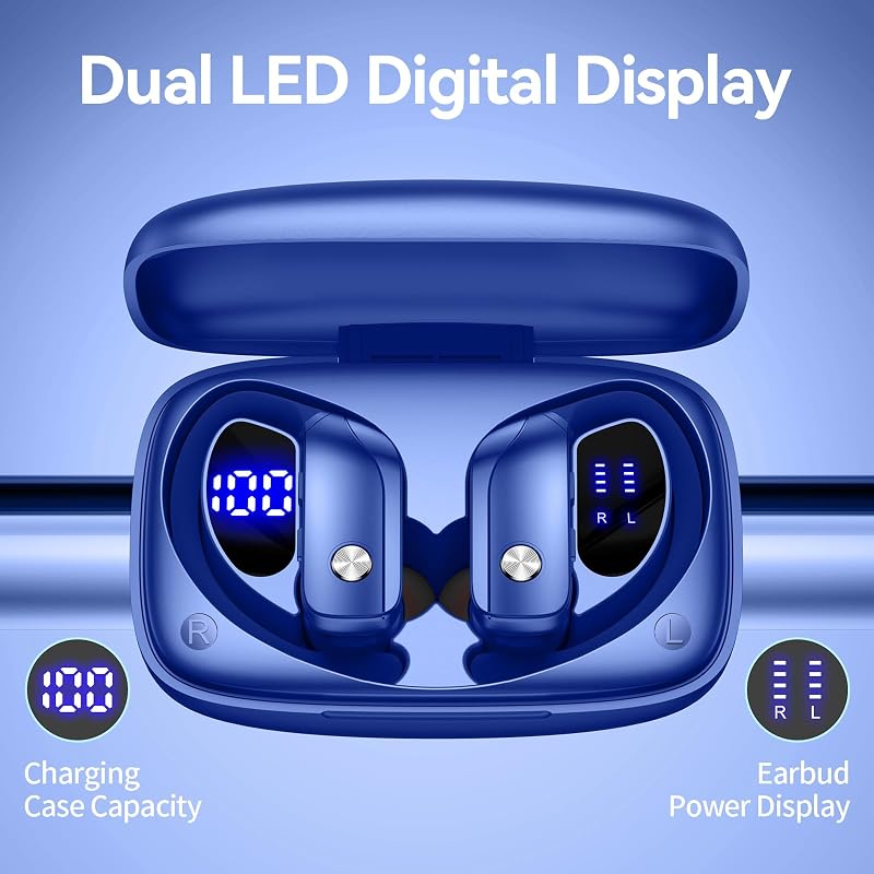 bmani Ear Buds Wireless Earbuds Bluetooth Headphones with 80H Playtime LED Display Case, Over-Ear Hook with Mic, Stereo Sound, Easy Button Controls, Sports Earphones for Running Workout Gym Blue image 3