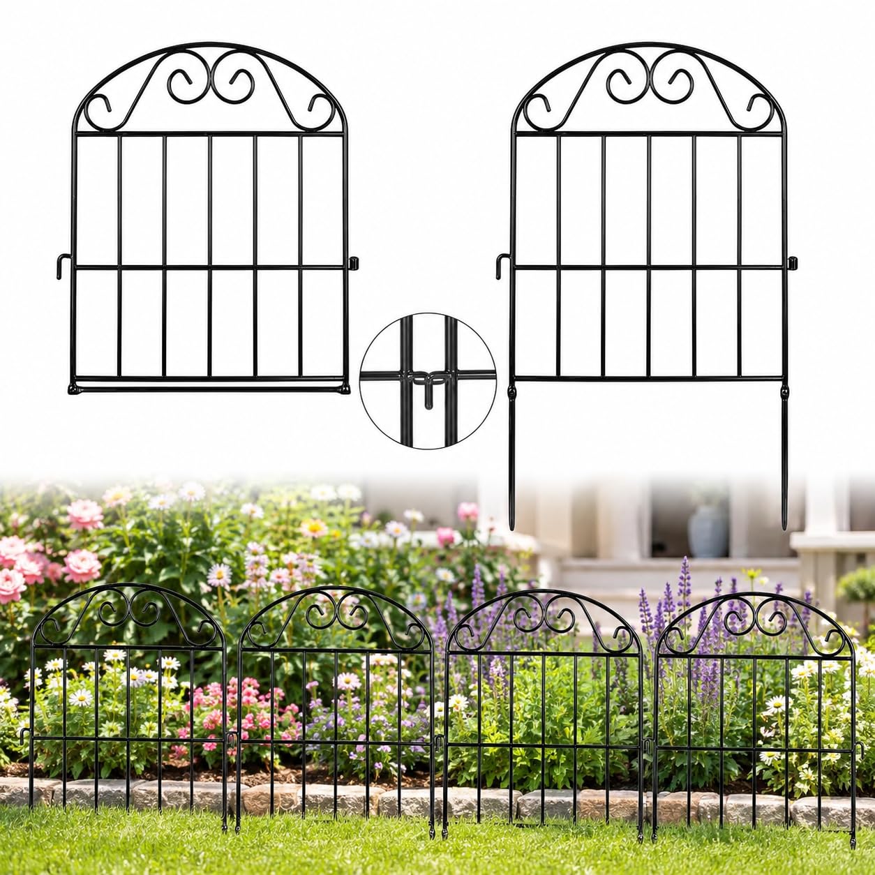20 Panels Decorative Garden Fence for Outdoor Use, Metal Folding Garden Border Fence with Interlocking Panels, Rust-Resistant Lawn Edging Fence for Garden, Yard, Flower Beds (Black)-image-31