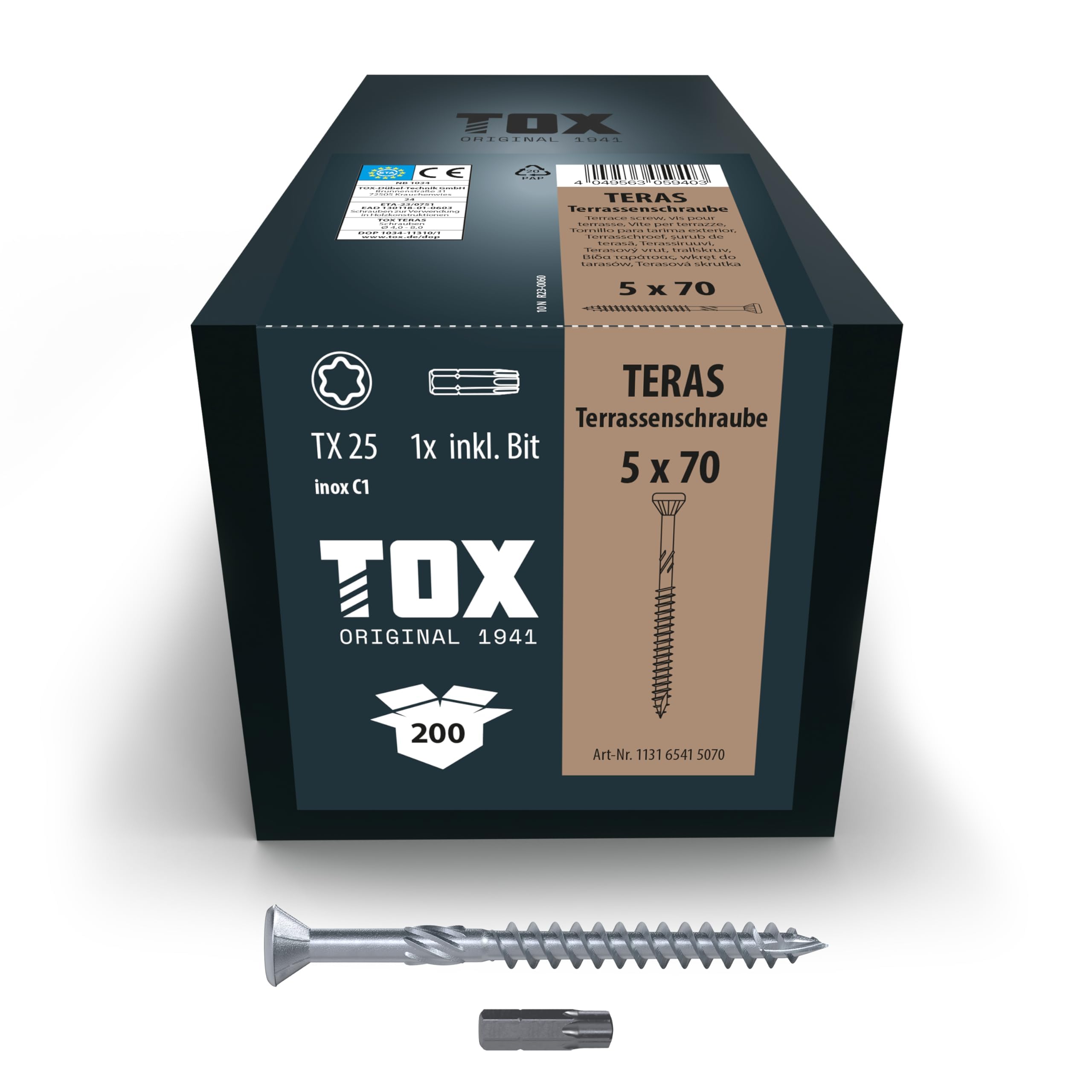 TOX viti per decking TOX TERAS 5,0 x 70 mm, viti con testa decorativa, resistenti agli agenti atmosferici grazie all'acciaio inox C1, TX25, 200 pezzi in scatola, incl. 1x bit, 113165415070