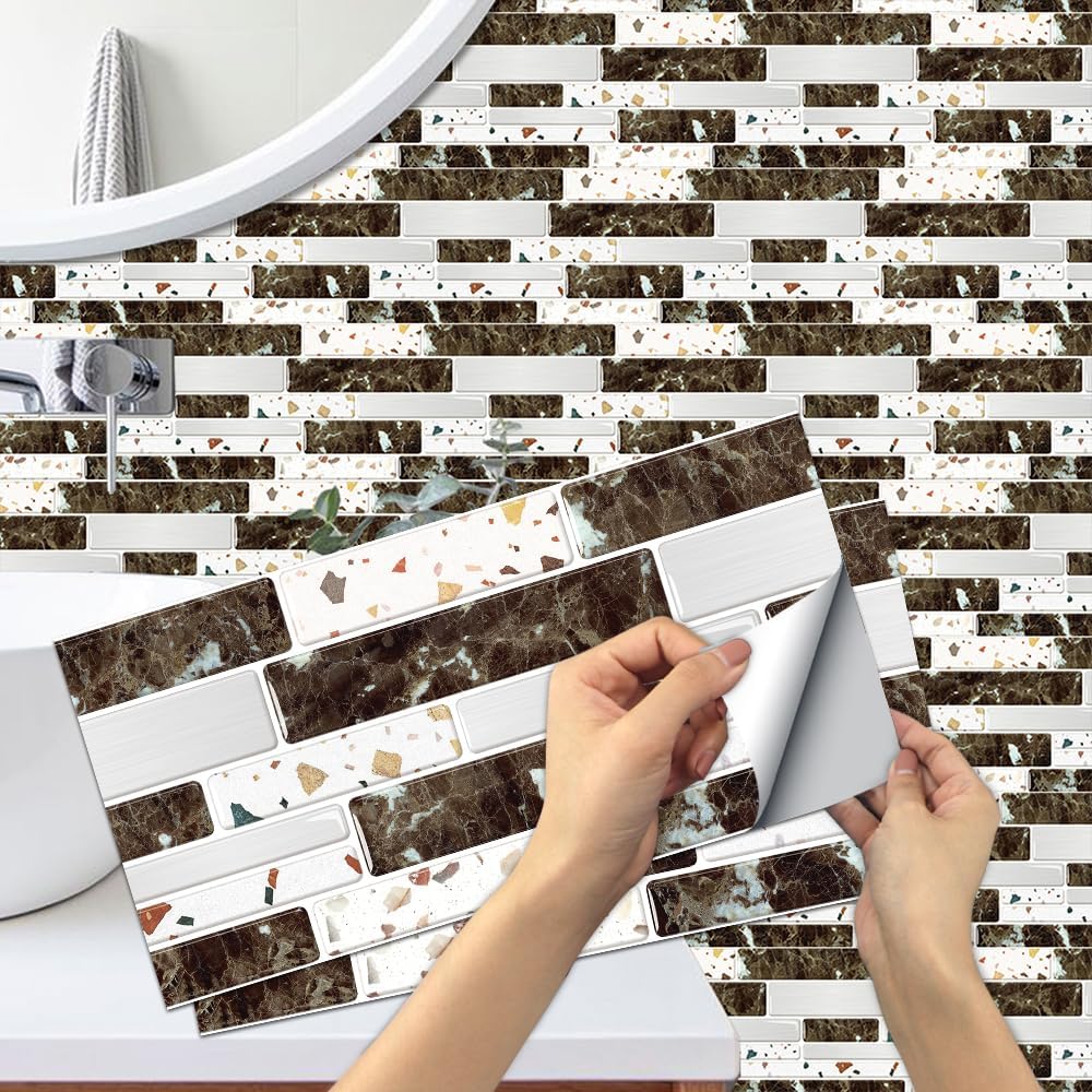 Alwayspon 12Pcsx30cmx15cm/12inchx6inch, White Brown Stone Marble Tile