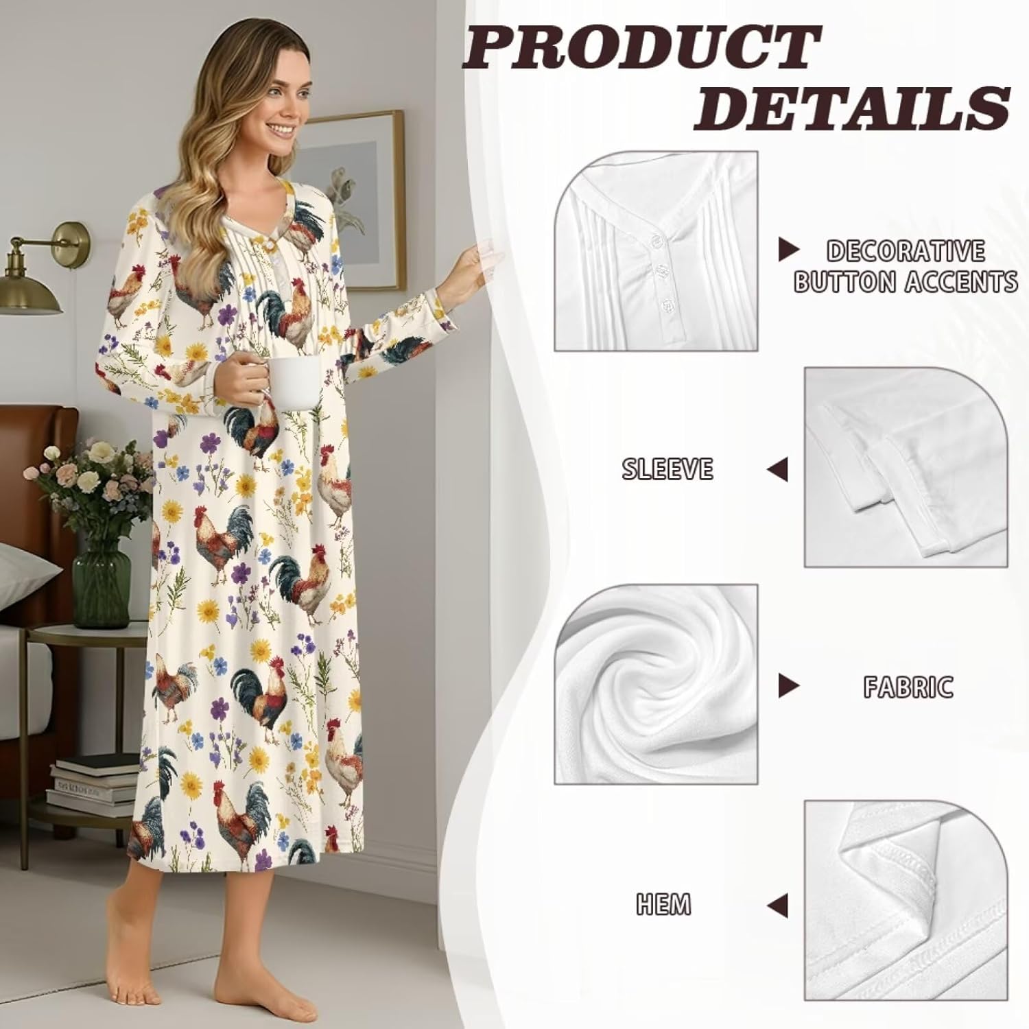 Nightgown for Women Long Sleeve Soft Sleepshirt Comfy Sleepwear Button Sleep Dress Full Length House Coat - Image 5