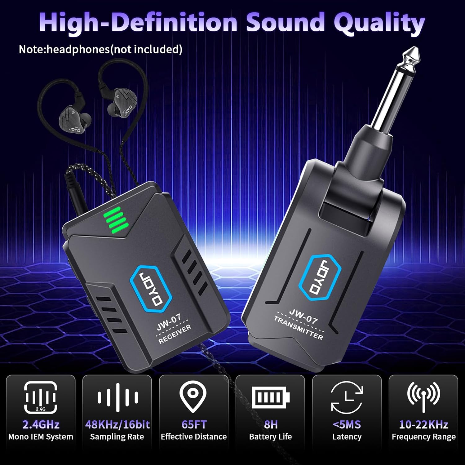 JOYO Wireless in Ear Monitor System Upgraded 2.4G Mono Rechargeable IEM Transmitter Clip On Receiver Auto Pairing for Singer Practice Rehearsal and Small Live Use (JW-07 New Version)
