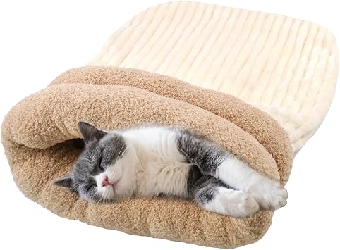 Large Cat Sleeping Bag, Soft Plush Cat Sleep Bag Cozy Warm Kitten Cave Bed Comfortable Winter Ferret Snuggle Sack for Kitten Rabbits Guinea PigsWhite