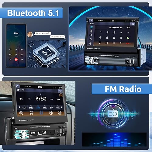 Miniatura 4 de Rimoody - Estéreo inalámbrico para automóvil con Bluetooth, pantalla táctil abatible de 7 pulgadas, reproductor MP5, compatible con Android Auto,