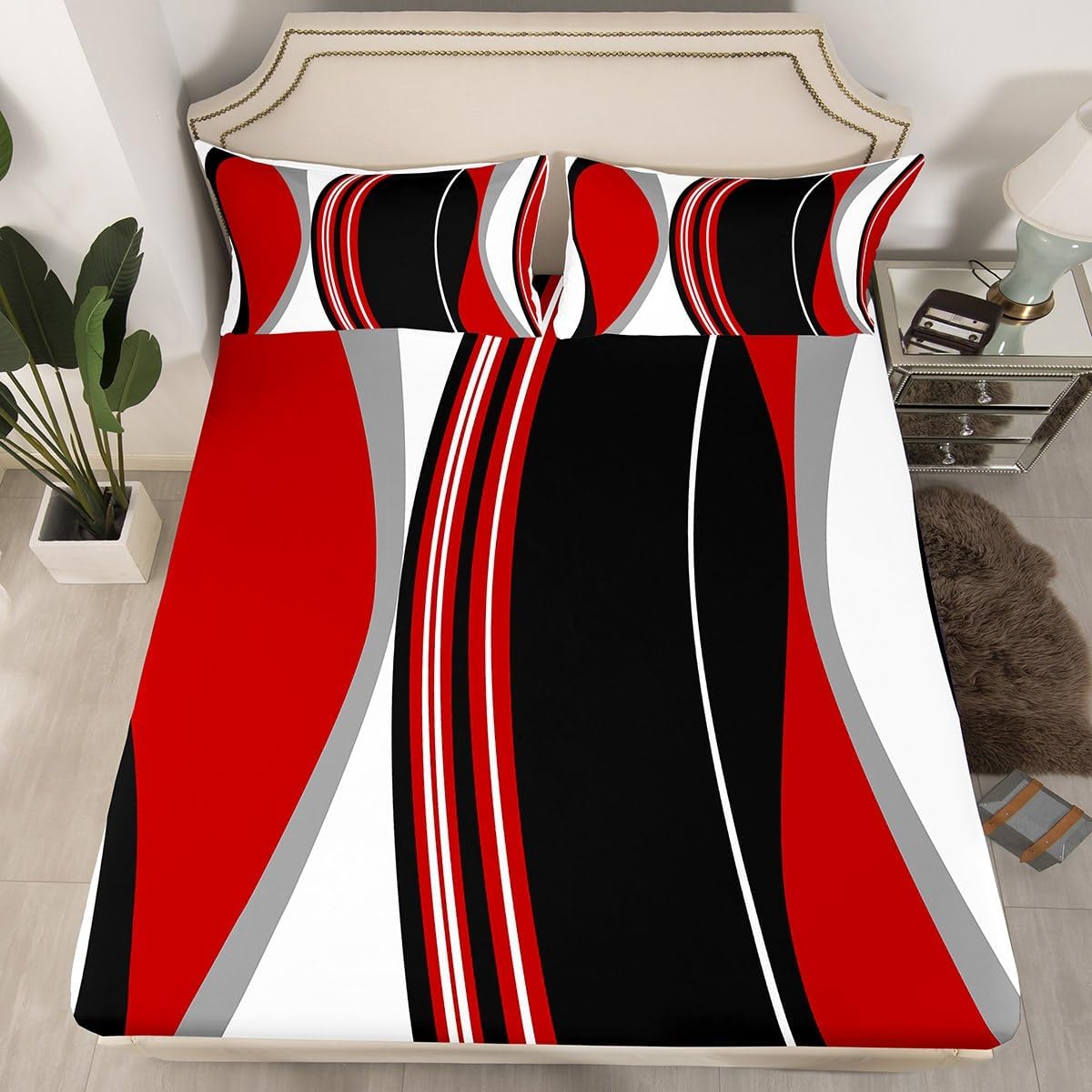 Erosebridal Red and Black Striped Fitted Sheet Full Size Grey Modern Abstract Bed Sheets Geometric Stripes Lines Bedding Set Contemporary Art Boho Sheets for Minimalist