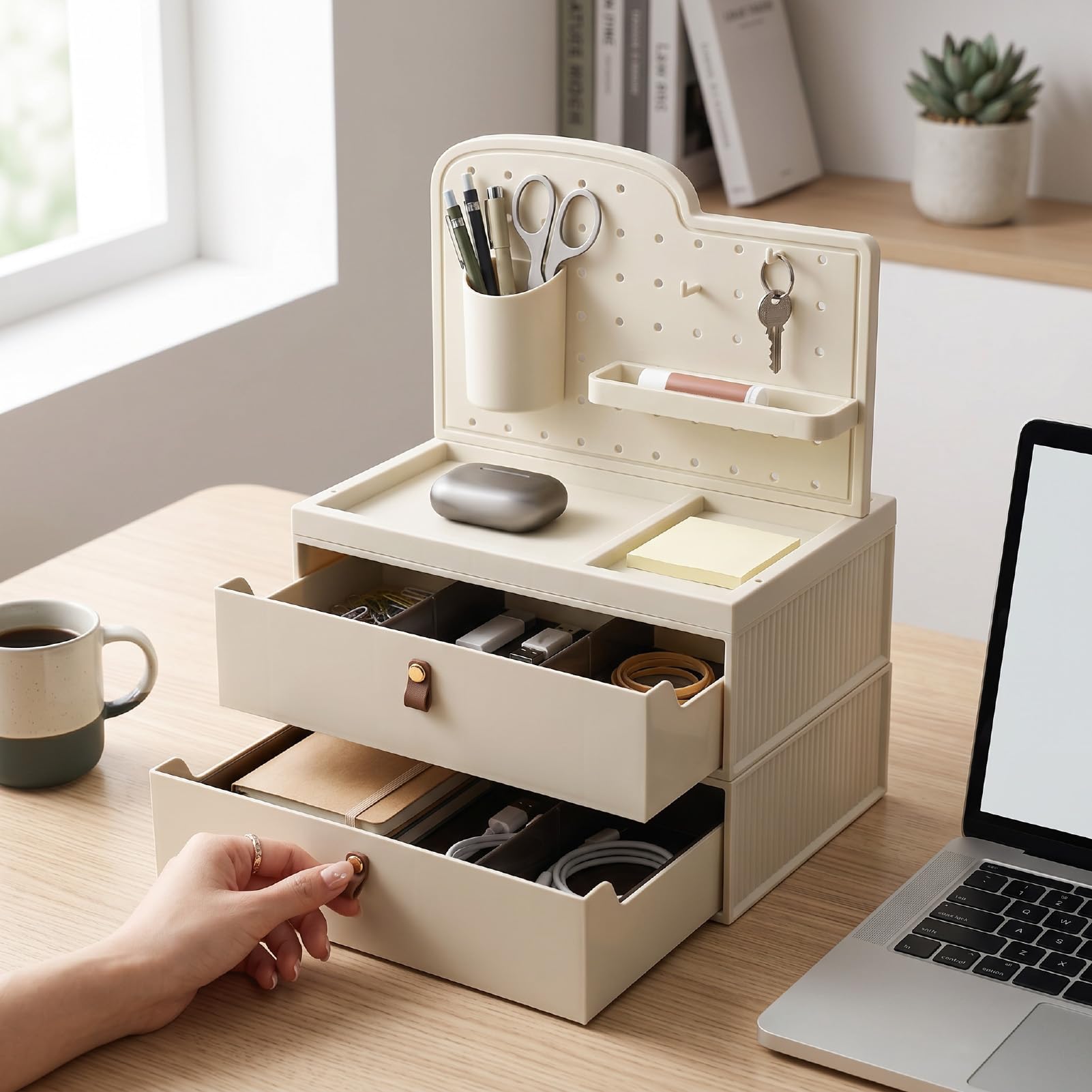 Asixxsix Organizador de Maquillaje con 2 Cajones, Caja Almacenamiento Cosméticos ABS Diseño Tablero Integrado Prueba Polvo, Vitrina Compacta Lápices Labiales Brochas Cosméticos