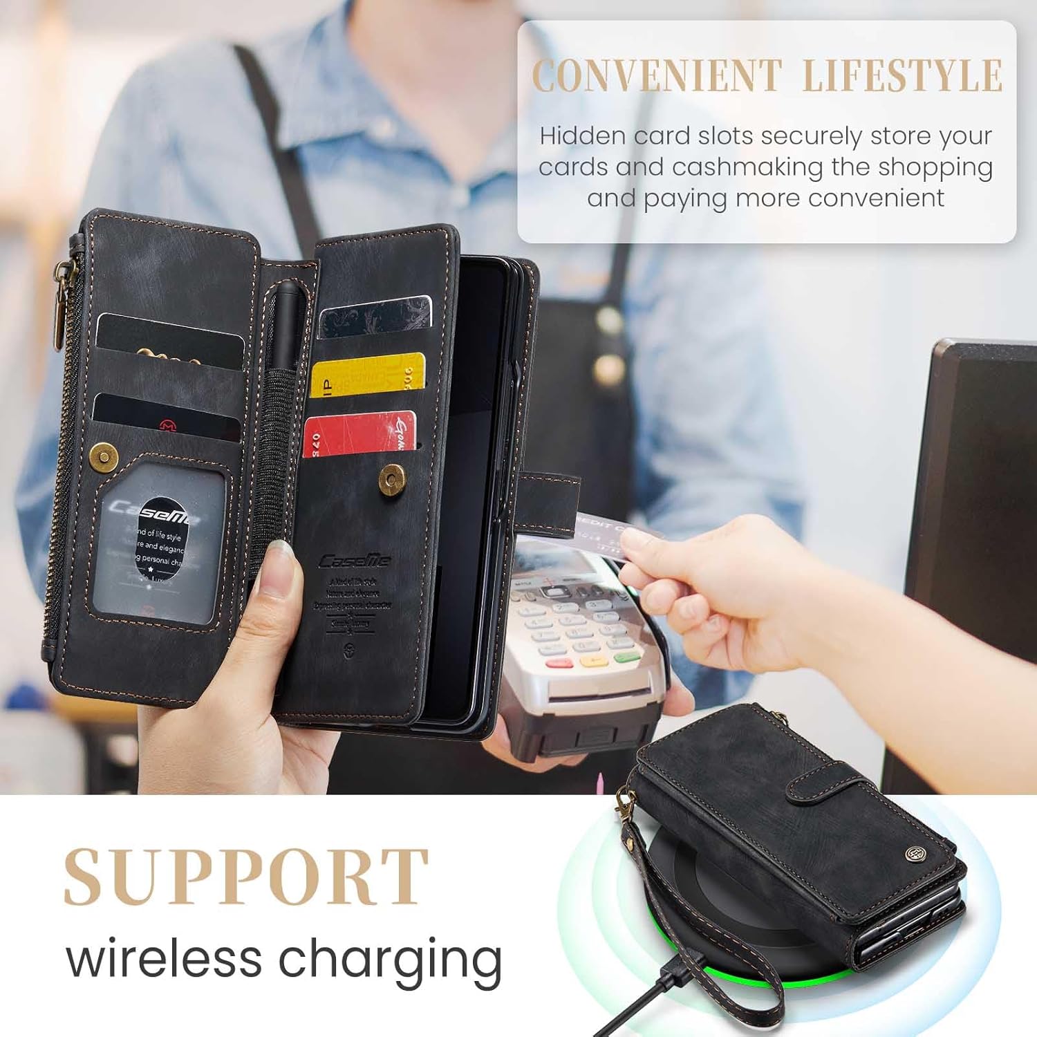 CaseMe Wallet Case for Samsung Galaxy Z Fold 6, Multifunction Handmade Premium PU Leather Zipper Flip Shockproof Case Built-in [Magnetic Closure] [Kickstand] [Card Slots] for Galaxy Z Fold 6 (Black)