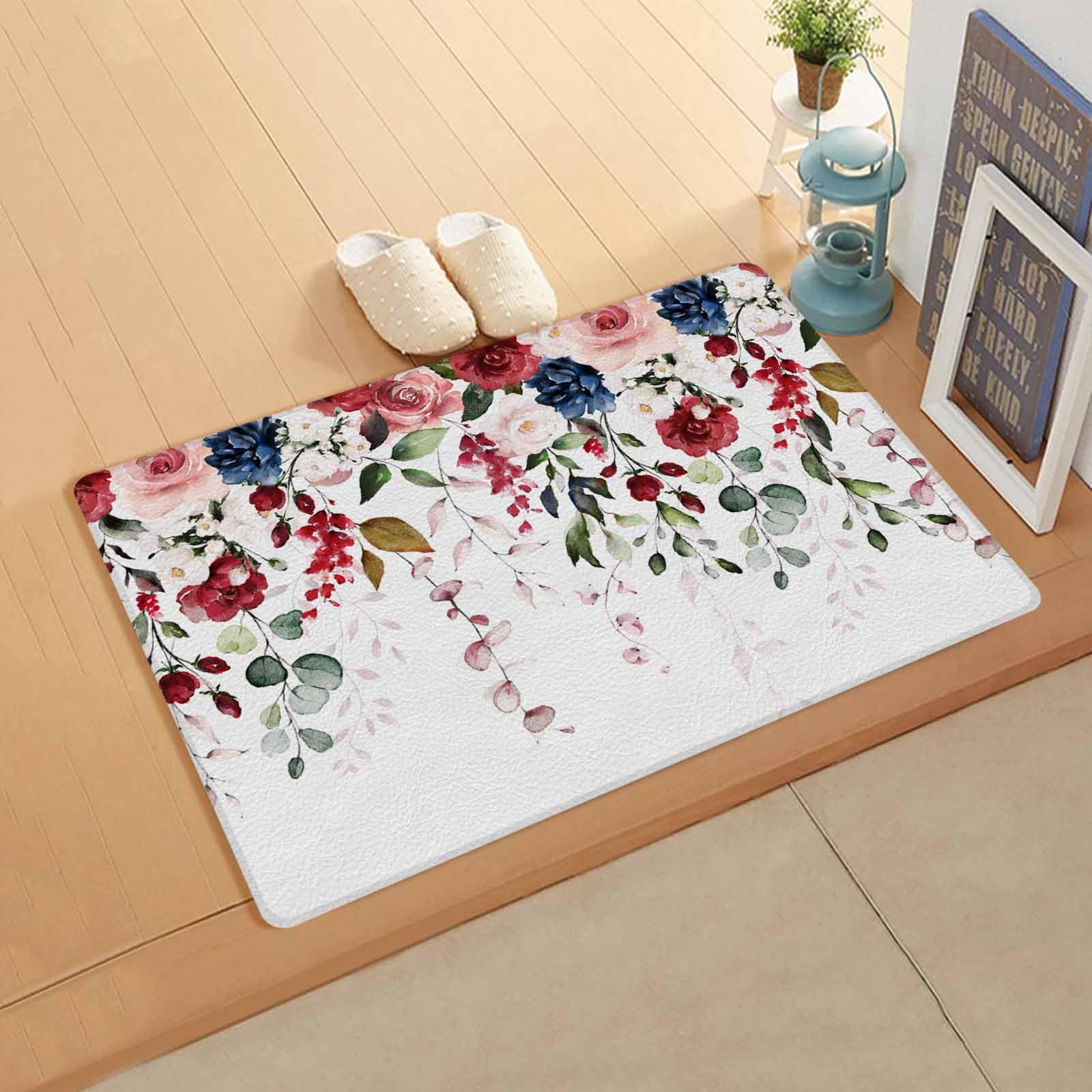 Valentine's Floral Kitchen Bath Door Mat Cushioned Runner Rug,Washable Welcome Floor Sink Antifatigue Mat,Waterproof & Non-Slip Comfort Standing Doormat,Spring Red Blue Rose Flower Plant 20