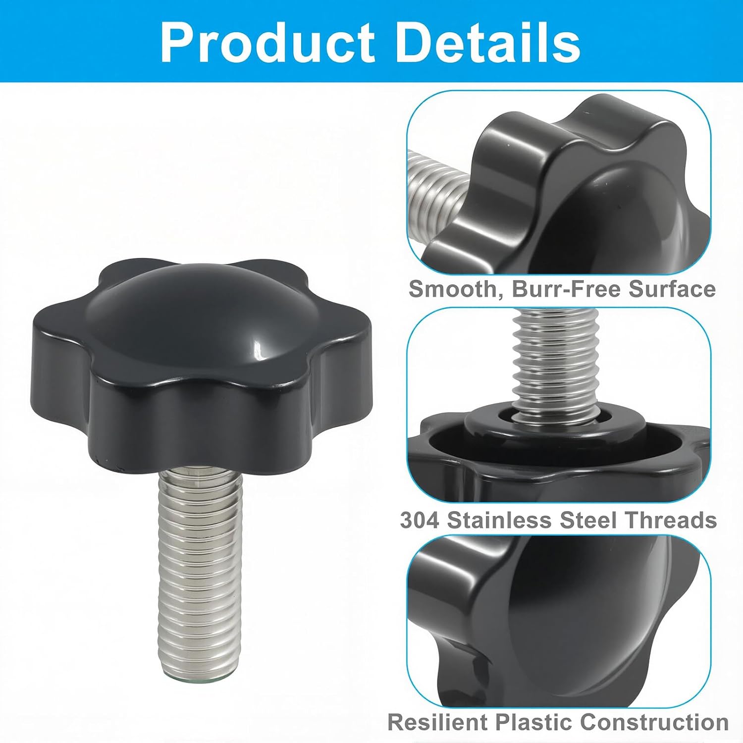 4 Pcs M8 x 25mm Black Star Knobs, 304 Stainless Steel