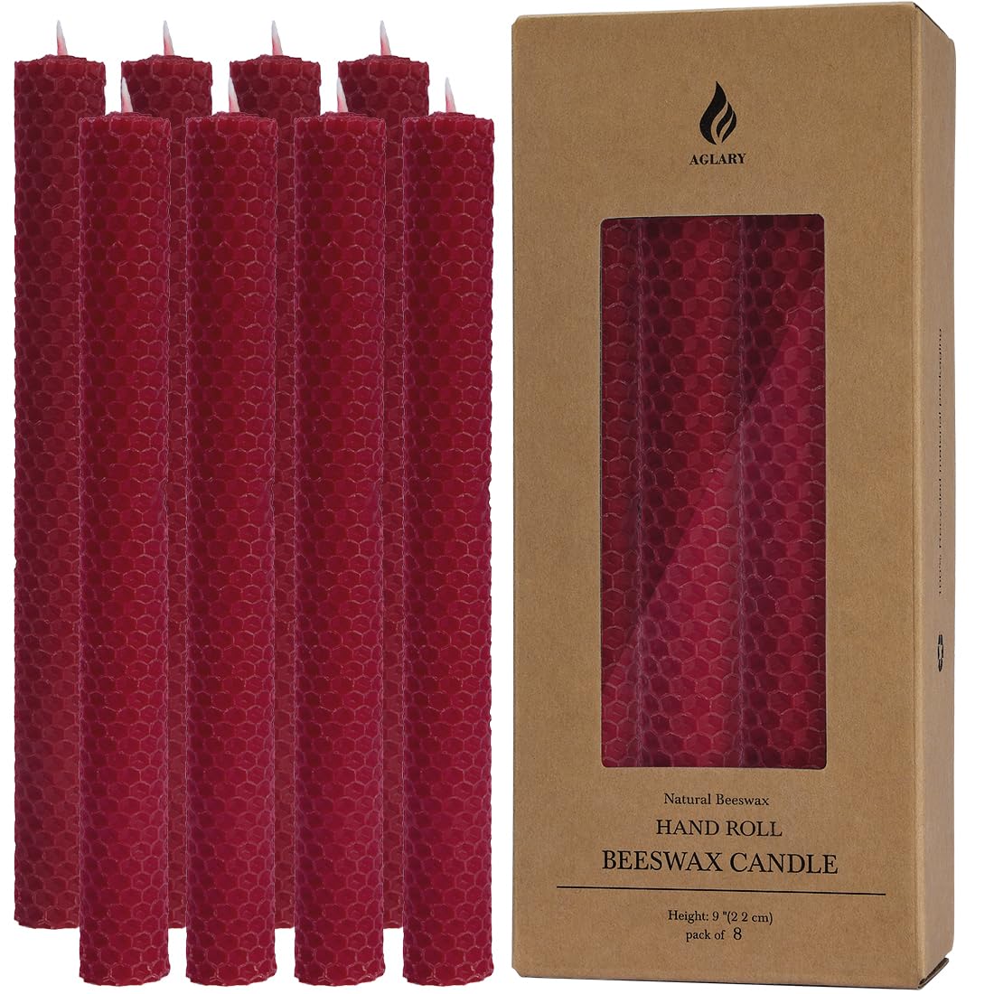 8PCS 9" Burgundy Hand-Rolled Beeswax Taper Candles,Red Candles, Real Pure Beeswax, Handmade Honeycomb Candles, Flat Top