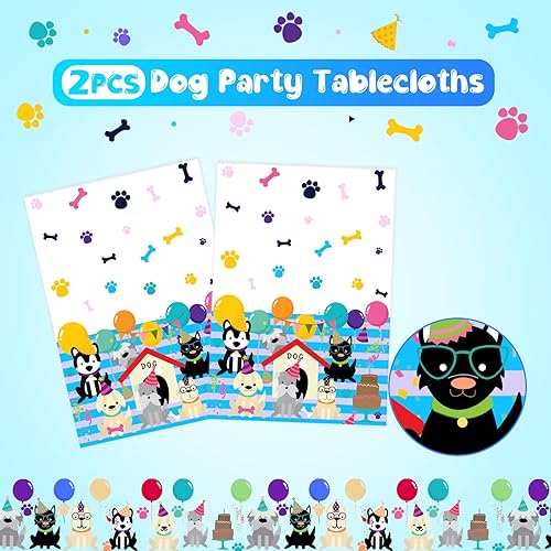 Miniatura 3 de FunHot Manteles de perro, 2 manteles coloridos con estampado de patas, 54 x 108 pulgadas, manteles rectangulares azules con estampado de huesos de