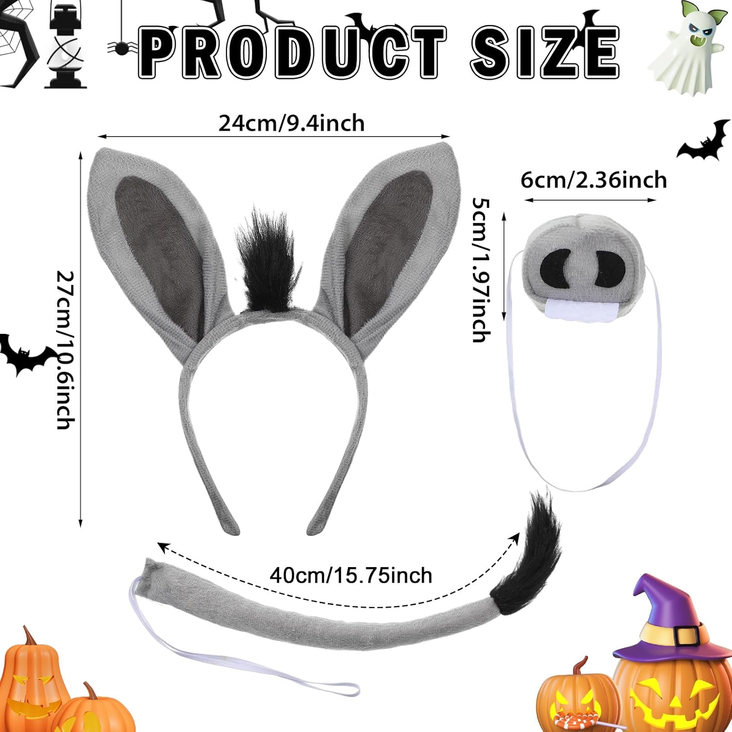 Maiteenly 6 Pcs Halloween Monster Costume Set for Adult Donkey Monster Cosplay Green Hair Hoop Adjustable Vest Belt Grey Headband Nose Tail Accessories Party Carnival Role Play Outfit