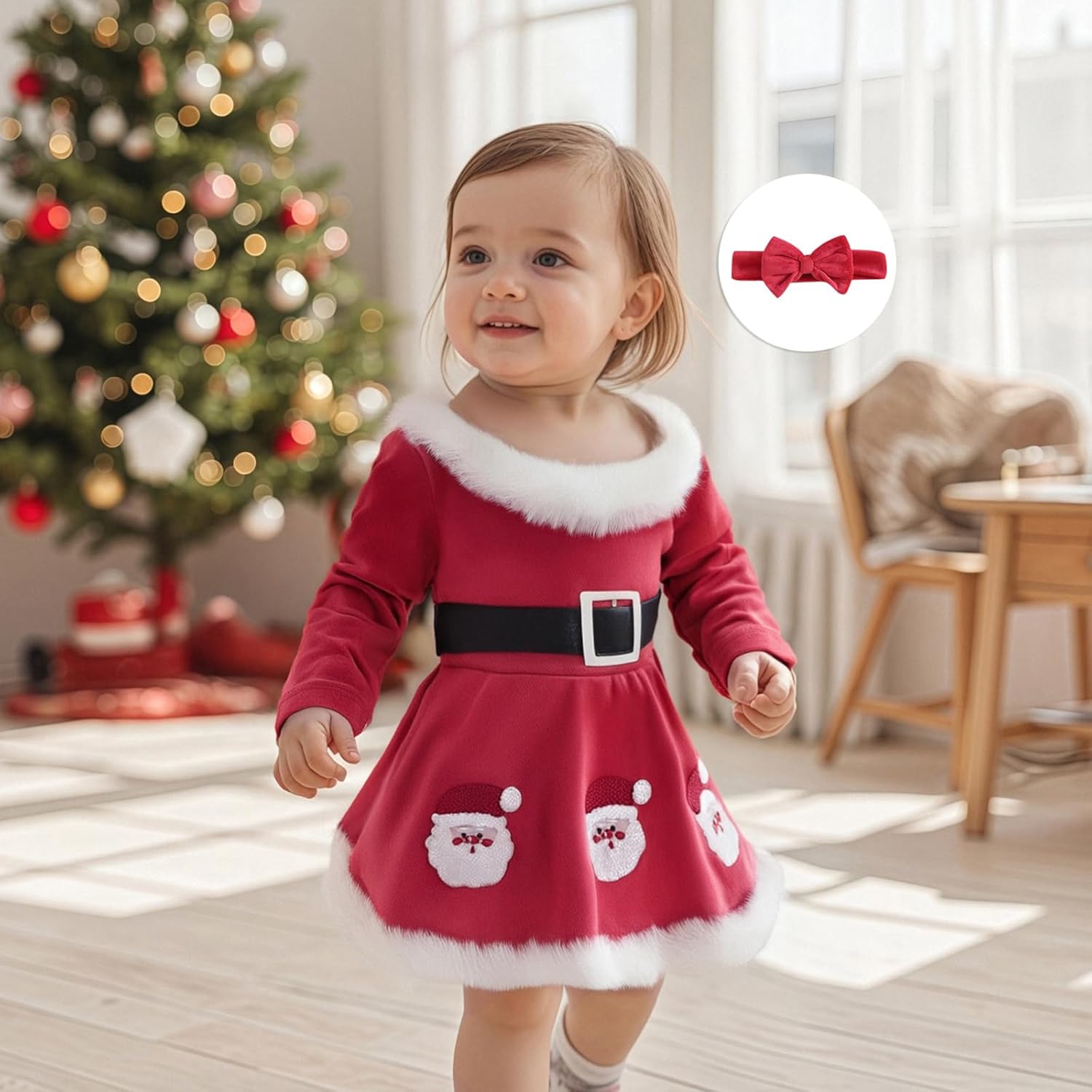 Kuriozud Newborn Baby Girl Christmas Outfit Long Sleeve Ruffle Romper Jumpsuit with Headband Cute Infant Girl Clothes - Image 3