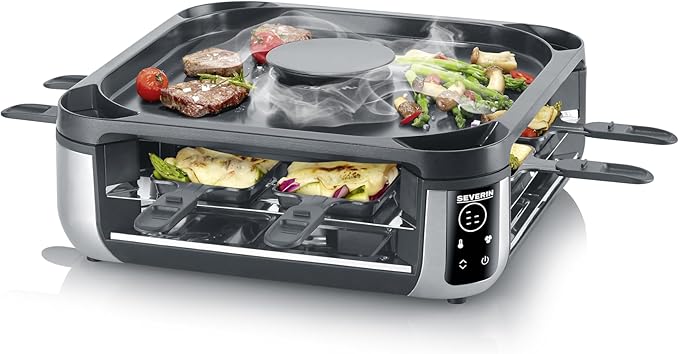 SEVERIN Raclette Grill Digital con Filtro de Aire Circulante, Parrilla Eléctrica para 8 Personas, Placa y Sartenes Aptas para Lavavajillas, Control de Temperatura Digital RG 2350