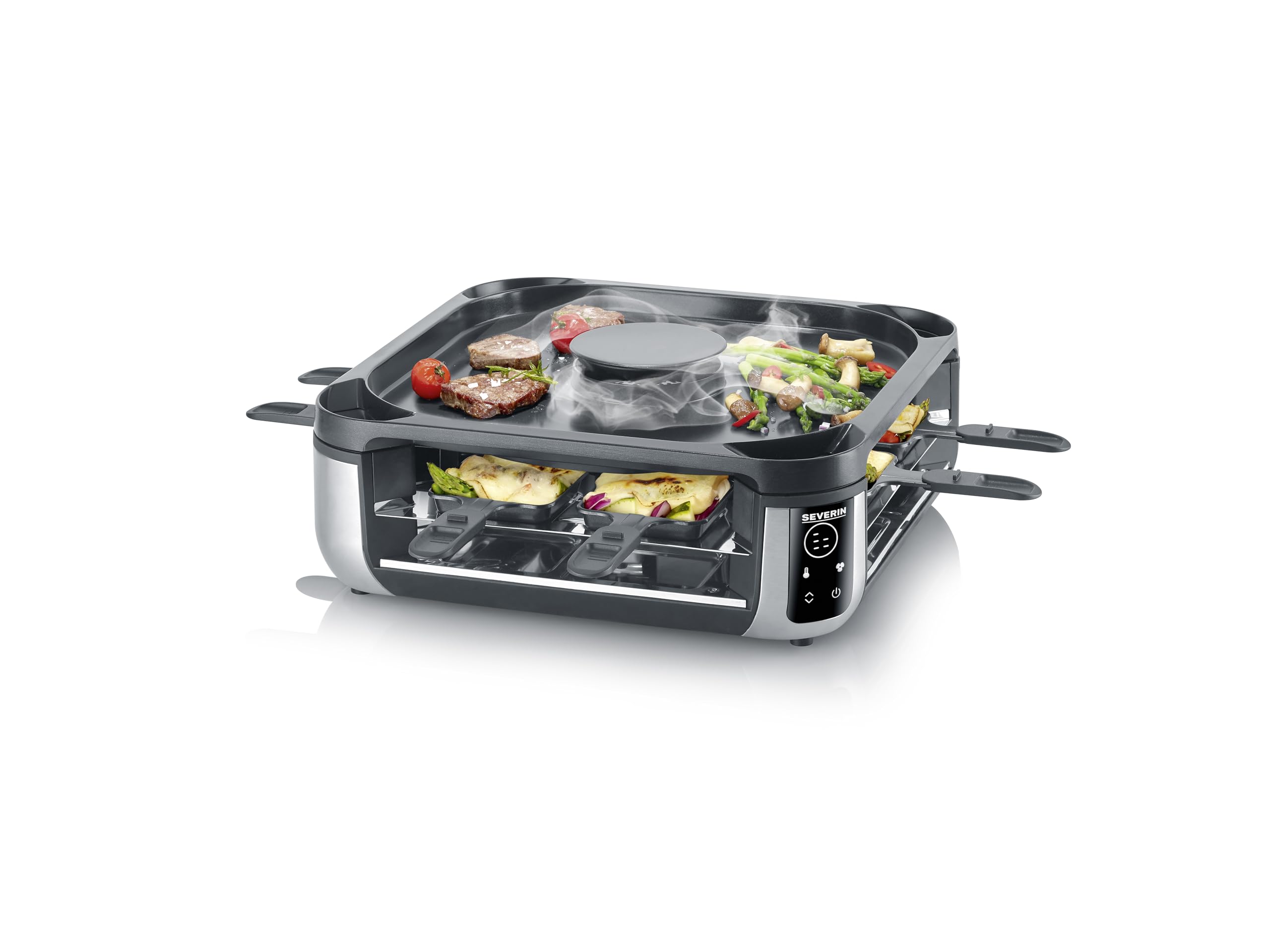 SEVERIN Raclette Grill Digital con Filtro de Aire Circulante, Parrilla Eléctrica para 8 Personas, Placa y Sartenes Aptas para Lavavajillas, Control de Temperatura Digital RG 2350