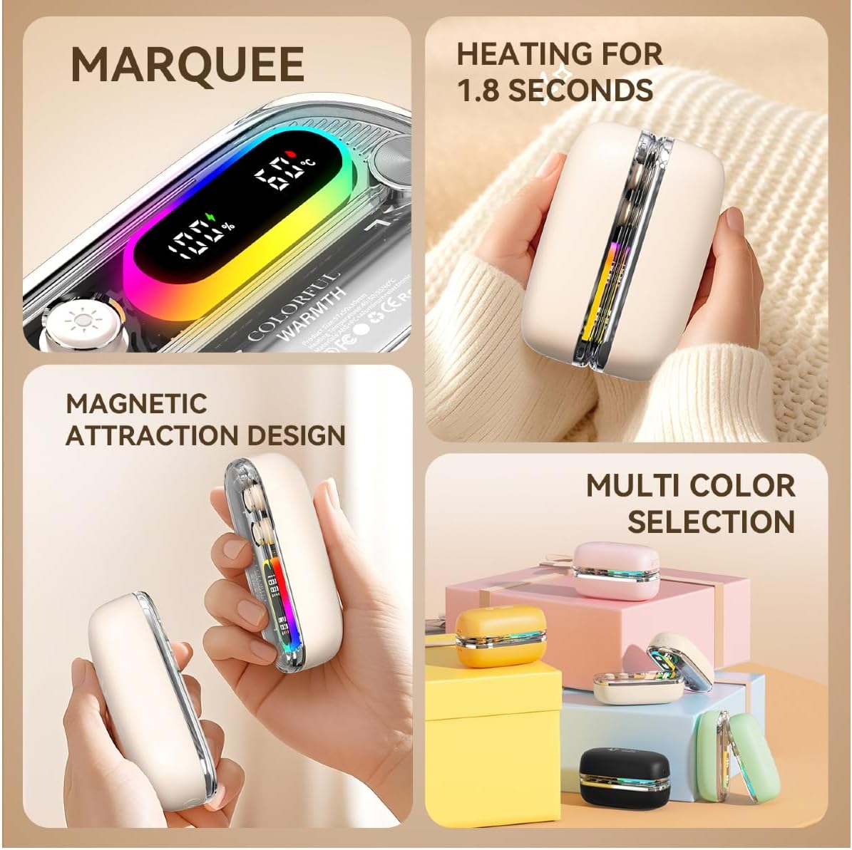 Hand Warmers Rechargeable 2 Pack, LED Digital Display,USB-C, 4 Settings Fast Heating Reusable Magnetic Portable Heater Handwarmers for Outdoor/Golf/Camping/Hunting, Gift for Women Men