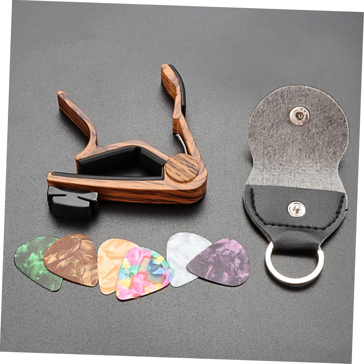 BESPORTBLE 1 Set Guitar Capo and Picks Set Portable Capo with Holder for Electric Guitar Banjo Ukulele Deep Grain Accessories for Musicians and Beginners