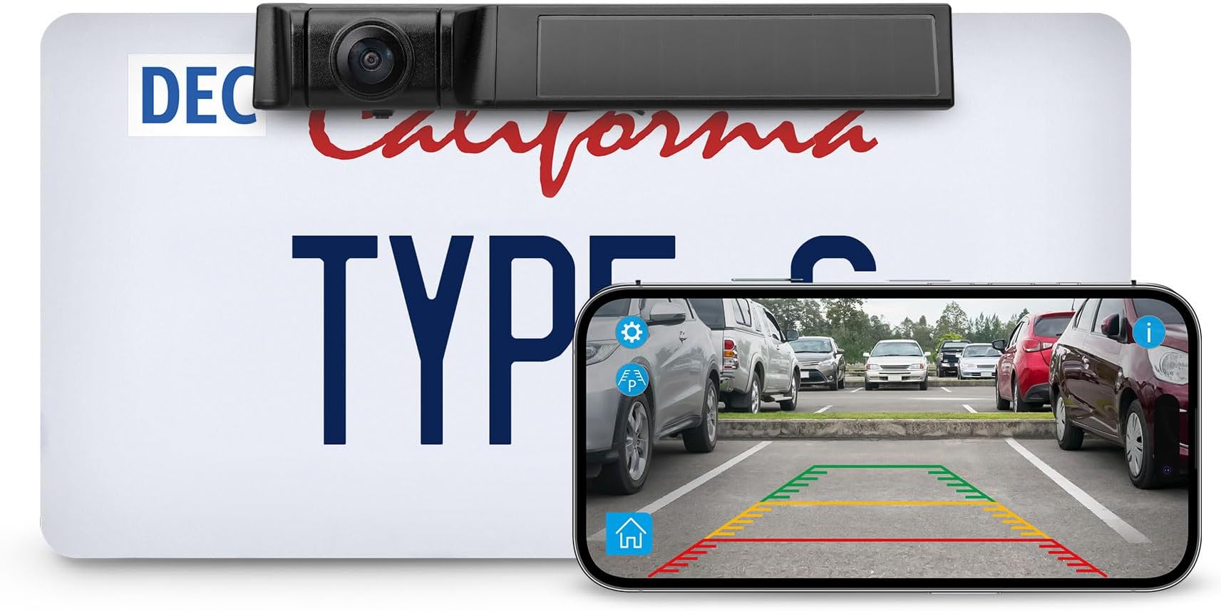 Type S True Wireless Solar Powered Backup Camera, 1080p FHD, App View Monitor, Universal Compatibility for Cars, Trucks, RVs, IP67 Waterproof, Parking Grid Lines, Front or Rear Mounting, Easy Install