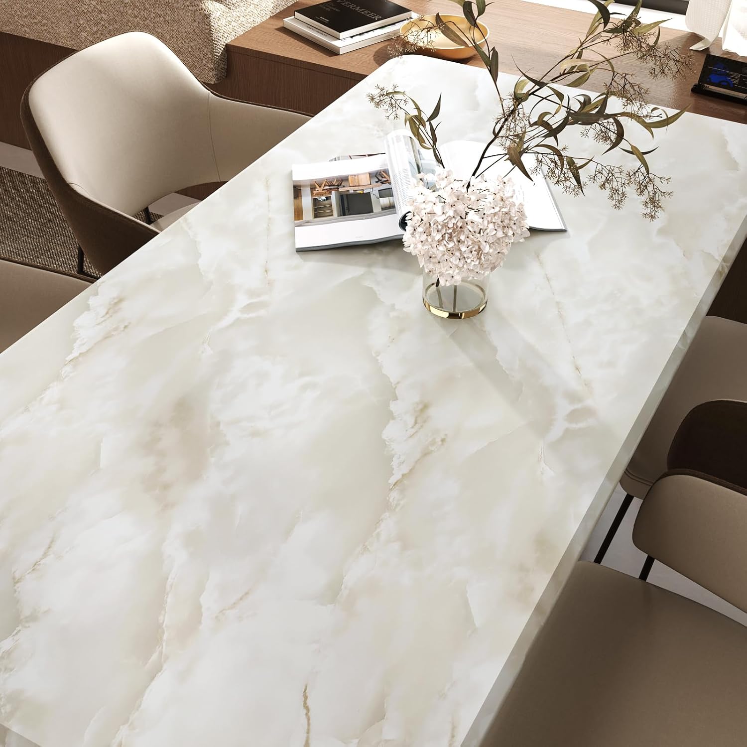 VaryStyle Cream Beige Marble Countertop Contact Paper Peel and Stick Waterproof Onyx Marble Wallpaper for Kitchen Bathroom Counter Top Covers Removable Thick Contact Paper for Countertops 15.7"x118"