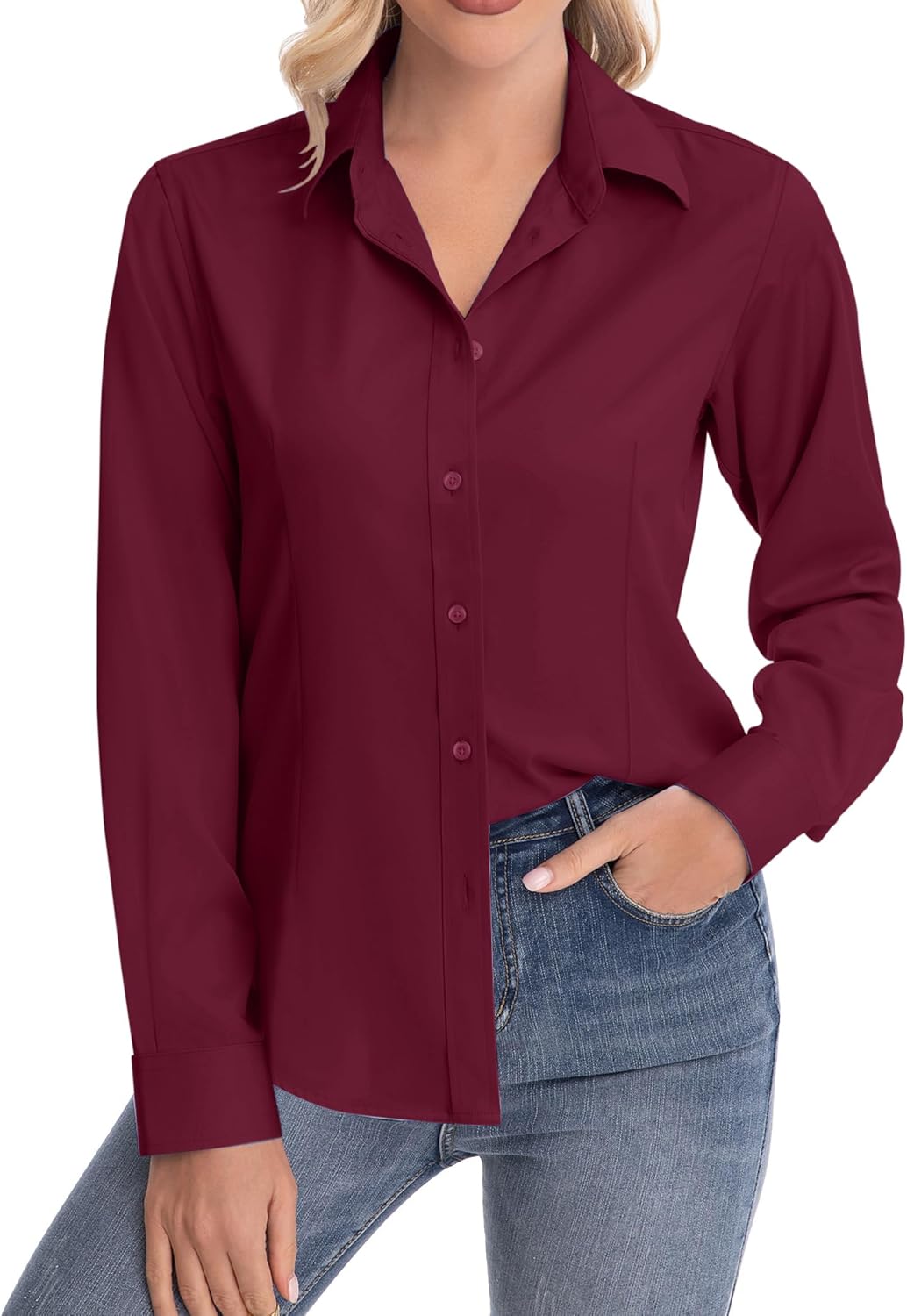 siliteelon Womens Classic-Fit Dress Shirts Long Sleeve Button Down Wrinkle-Free Stretch Solid Casual Work Office Blouse Top - Image 2