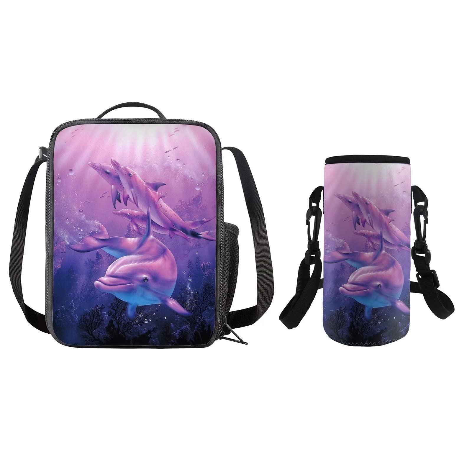 COEQINE Kids School Lunch Box Bag+Water Bottle Carrier Insulated Neoprene Print Sea Dolphin Purple,for Travel Hiking Portable Adjustable Shoulder Strap