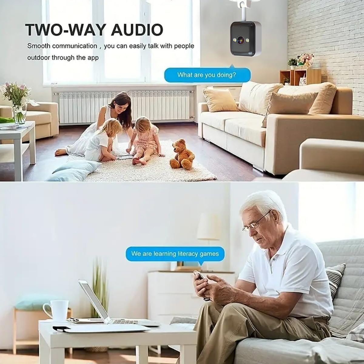 Two scenes demonstrating two-way audio: a family talking to someone via the camera, and an elderly man using the feature.