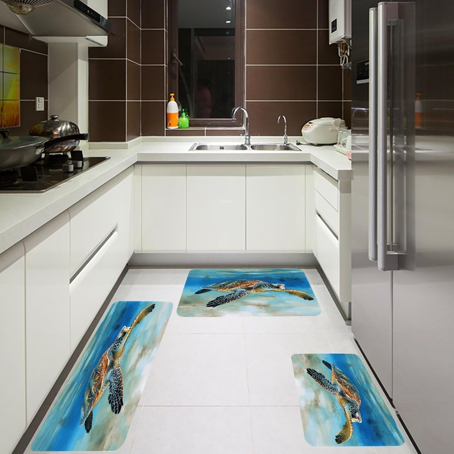 Sea Turtle Kitchen Rugs Sets of 3 Washable Non Slip Kitchen Rug Water Resistant Carpet Piece Anti Fatigue Kitchen Mats Soft Comfort Standing Mat Modern Area Rug