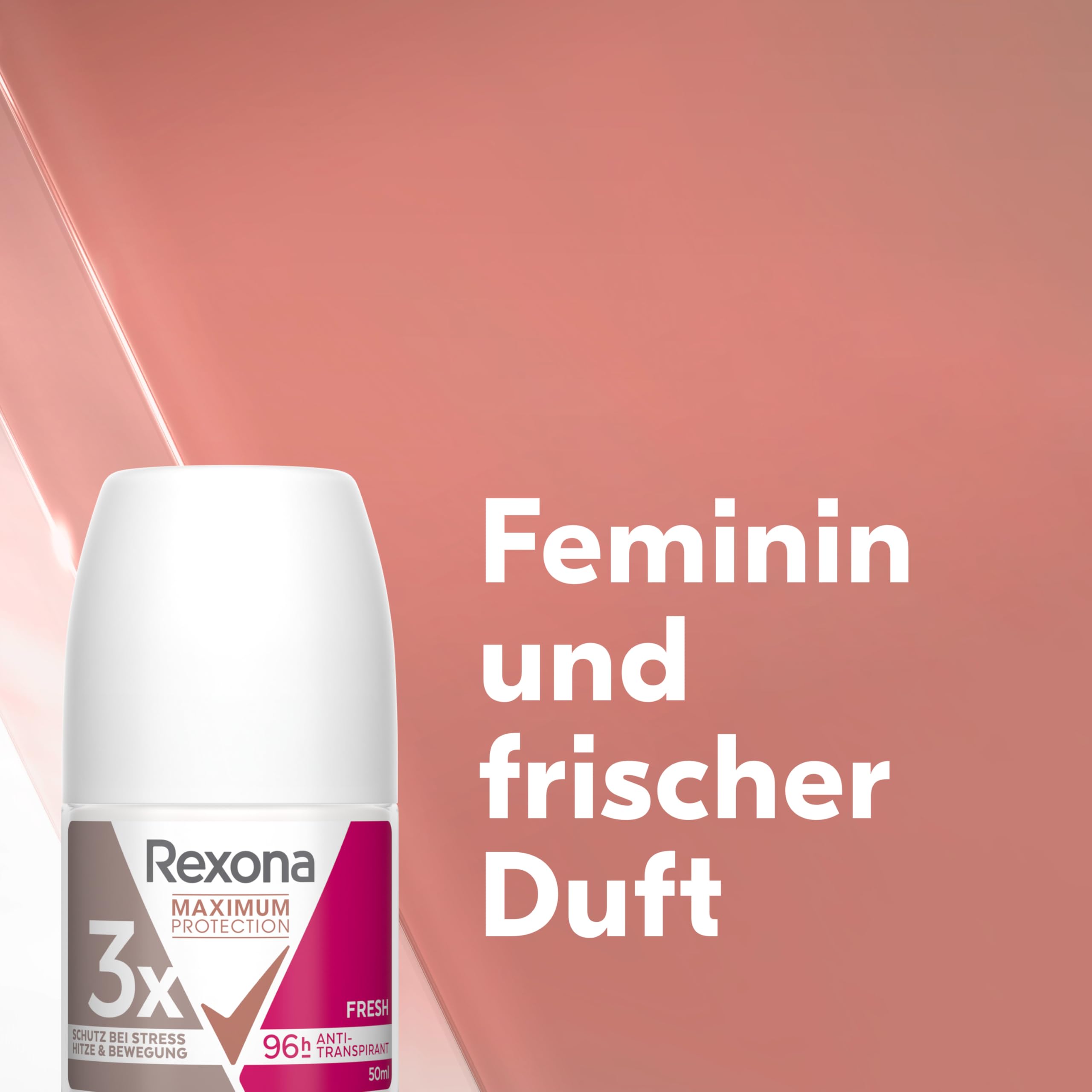 Rexona Maximum Protection Deo Roll-On Fresh antyperspirant z 3-krotną ochroną przed stresem, wysoką temperaturą i ruchem, ekstremalna ochrona 96 godzin, 50 ml