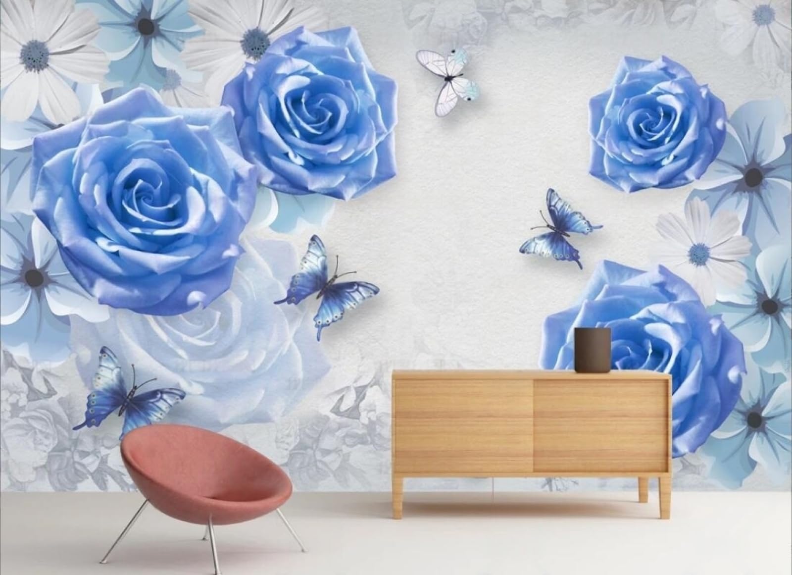 Papier Peint Fleurs 3D intissé bleu et rose 150x105 cm pour décoration murale salon et chambre