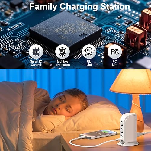 Miniatura 7 de Estación de carga para múltiples dispositivos Upoy, torre de hub USB multi con 5 USB+1 puertos tipo C, bloque de cargador USB C de carga rápida para