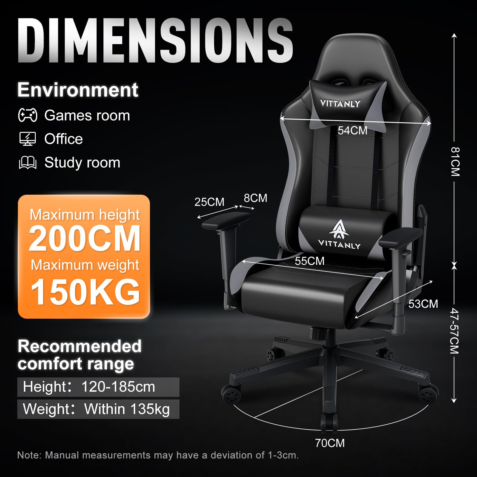 Vittanly Gaming Stuhl, 90-165° Rückenlehne, Tragkraft 150 kg, Grau | Kopfstütze und Lendenkissen, Gaming Chair, Gamer Stuhl, Gaming Sessel, Bürostuh, Schreibtischstuhl