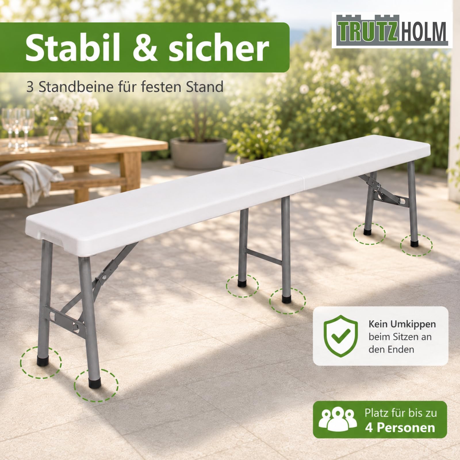 TRUTZHOLM Bierzeltbank 2er Set klappbar 180 cm für je 4 Personen, weiß, Stahlgestell pulverbeschichtet, HDPE-Sitzfläche, mit Tragegriff, witterungsbeständig, für Innen- und Außenbereich