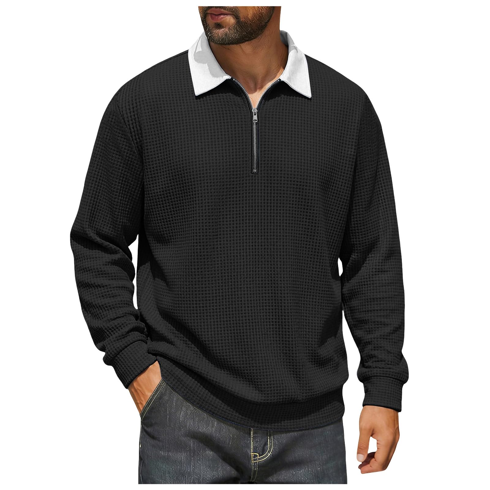 Polo à Manches Longues Homme Demi-zippé en Tissu gaufré, col contrasté, Coupe décontractée Douce et Chaude, modèle Classique adapté Quotidien et mi-Saison