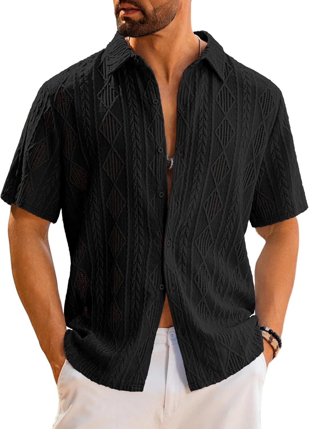 LecGee Men's Summer Button Down Shirt Short Sleeve Eyelet Hollow Out Lace Top See Thru Beach Hawaiian Shirt Casual Daily