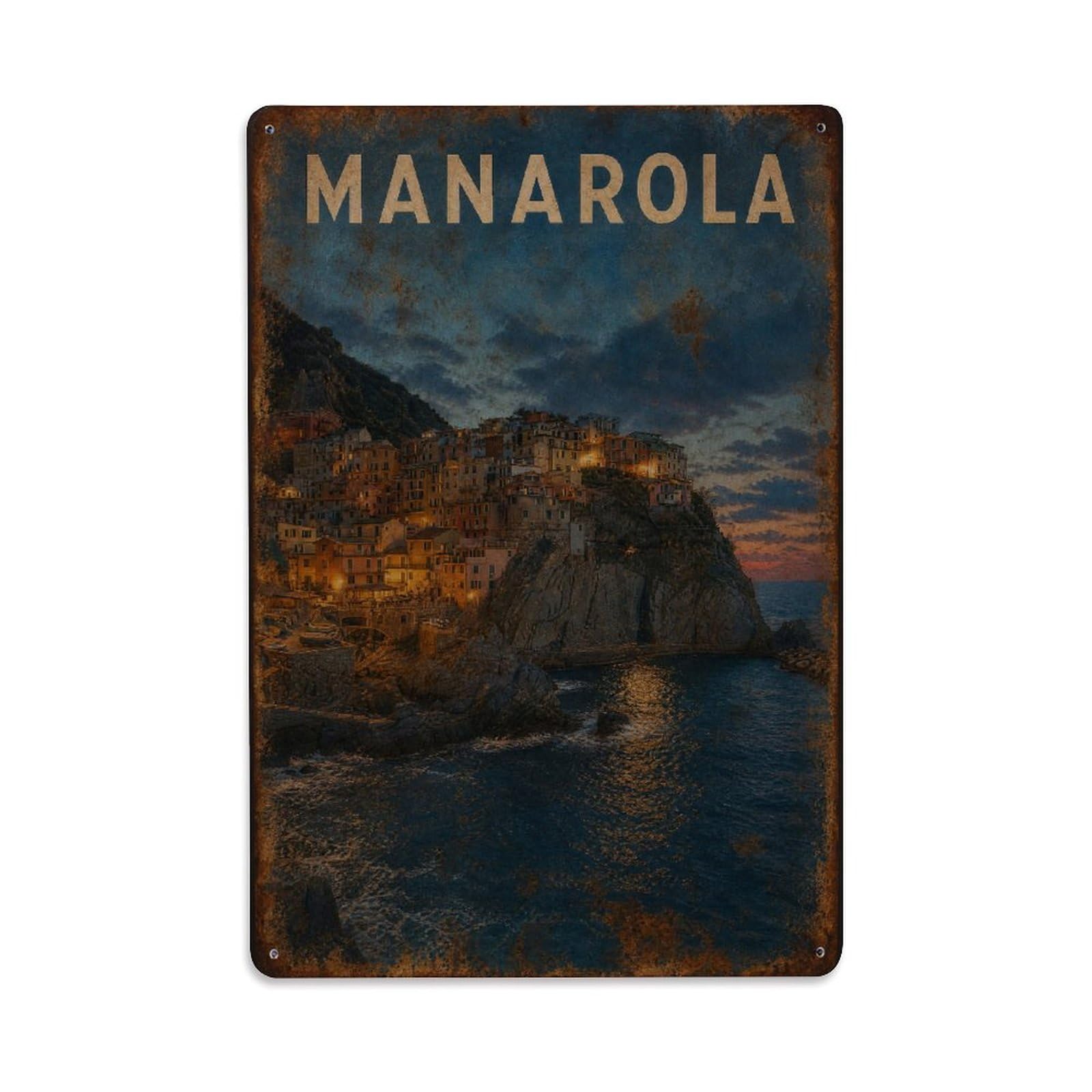 Huiyhb 8X12inch(20X30cm) Vintage Travel Manarola Twilight Blue Hour Magic Italy Metal Tin Sign
