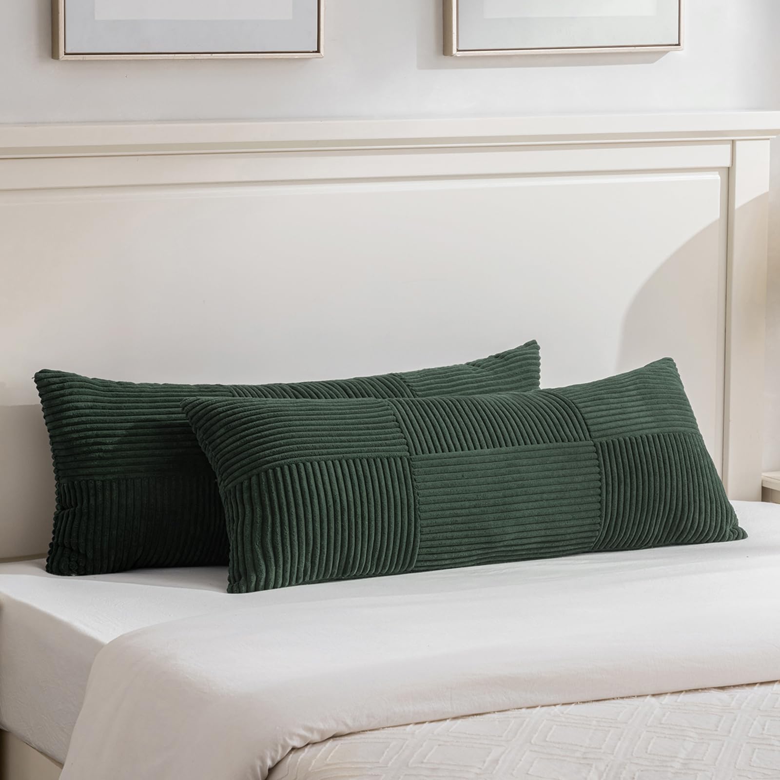 FDTERN Decorative Throw Pillow Covers for Living Room Couch Bed, Rustic Farmhouse Boho Home Decor, Soft Striped Corduroy Accent Cushion Covers, 40 x 145 cm (Pack of 2), Dark Green โ image 1