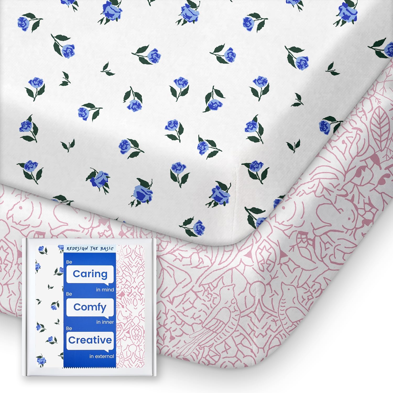 Pack N Play Sheets Fitted, TotBasic Ultra Soft Pack and Play Mattress Sheets, Stretchy Mini Crib Sheets Fitted for Standard Playard, Snuggle-Fit Playard Sheets for Boys Girls, Purple & Blue Floral