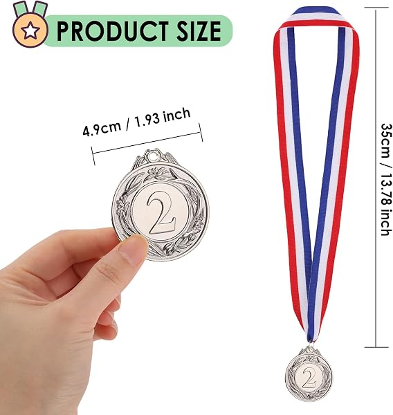 Simpeak 12 Pièces Médailles pour Enfants, Médaille d'Argentavec Ruban de Cou - Lot de Médailles de Récompense pour Compétition Sportive, Anniversaire, Fête d'École, Journée Sportive (Argent) - 2