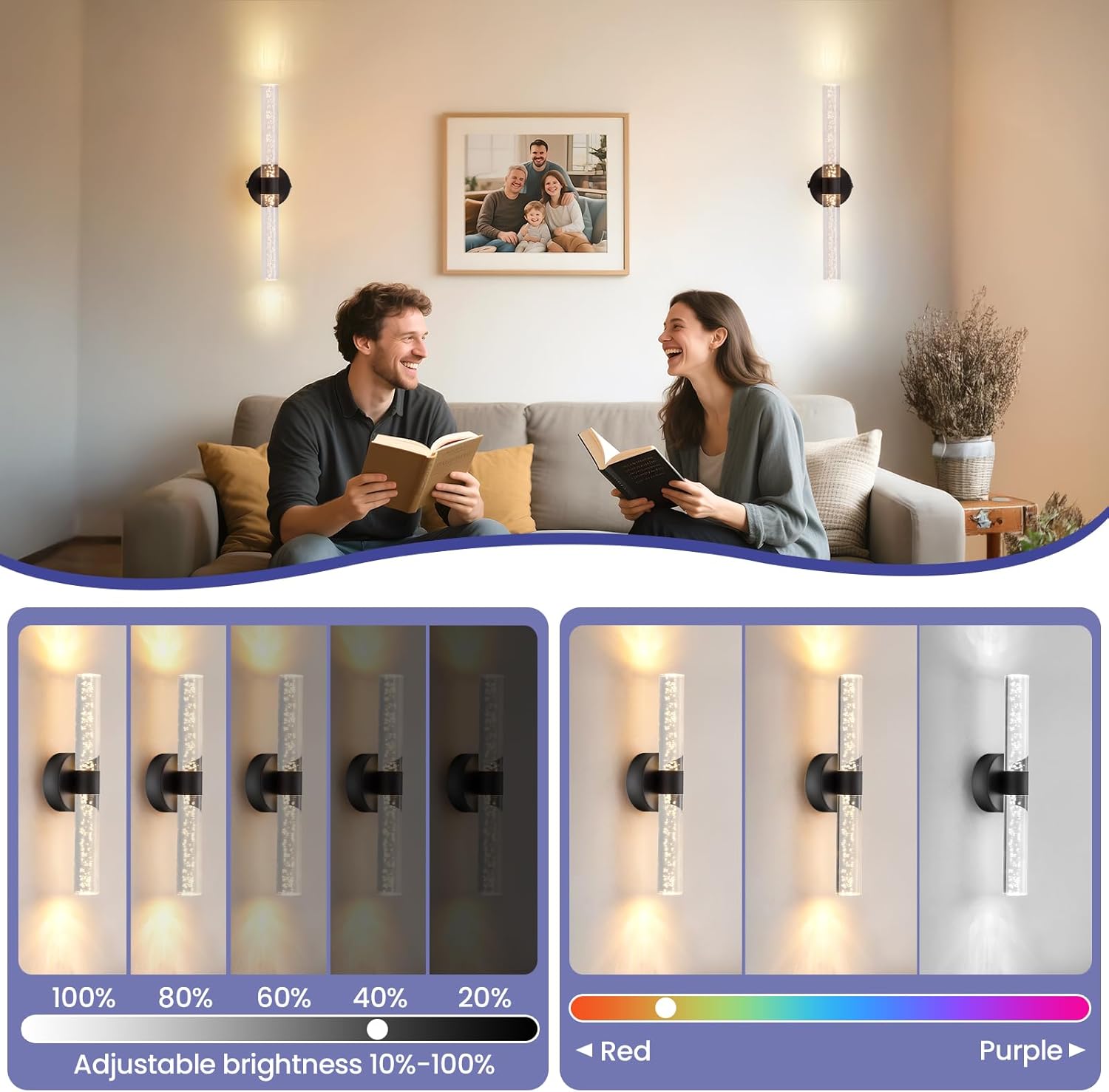 Battery Operated Black Wireless Wall Sconces 2-Pack,10000mAh LED Rotate Wall Light with Remote Dimmable, 9 Color with Bubble Crystal, 3 Color Temperatures, RGB Timing Lights for Living Room, Bedroom