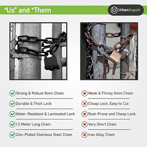 Miniatura 8 de Urban August Cadena de seguridad endurecida de 0.315 pulgadas de grosor con un bloqueo de almohadilla resistente a la intemperie Cerradura de