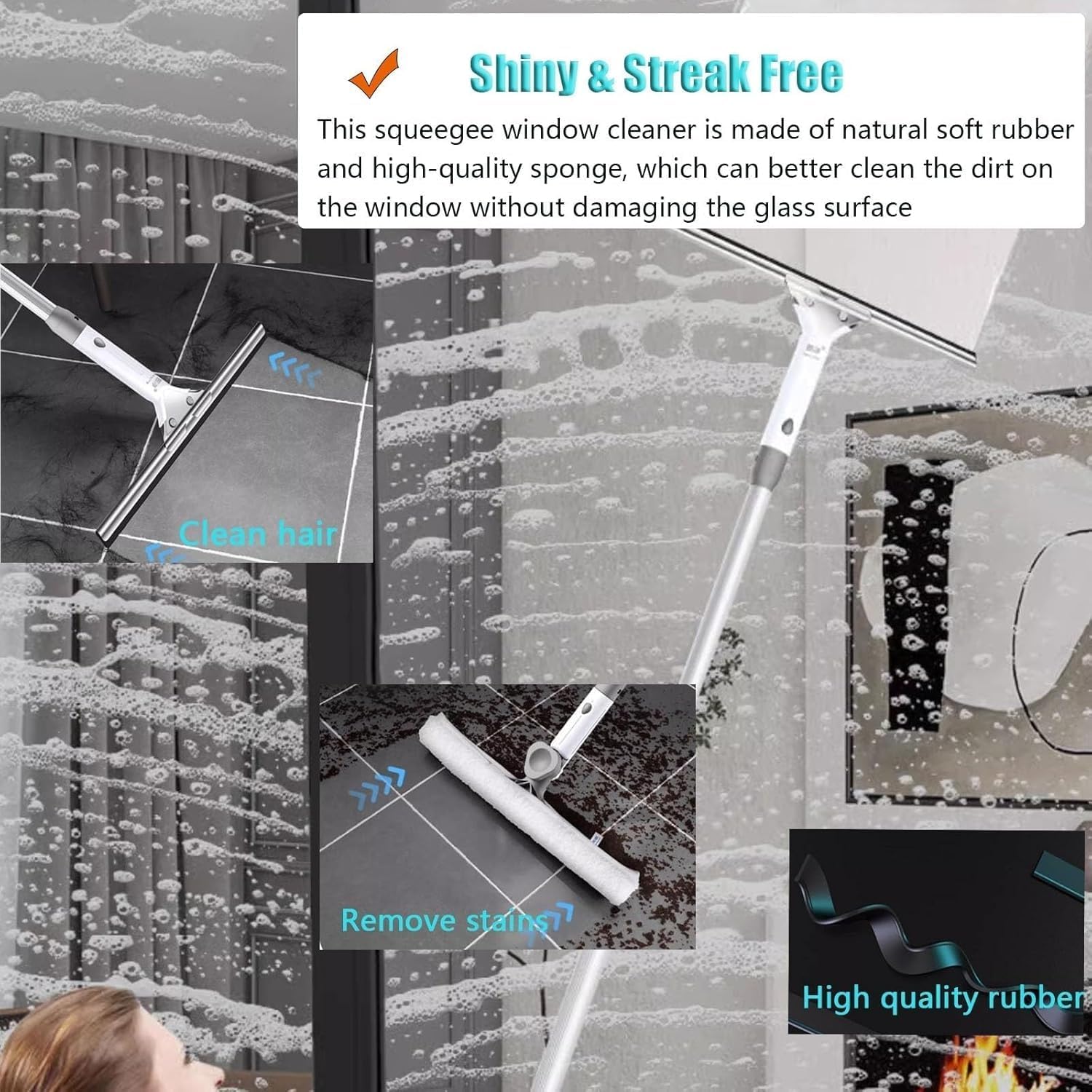 2-in-1 Telescopic Window Washing Pole for Shower/Windshield/Sliding Door/High Window/Car, Window Cleaning Squeegee Kit, With Dual Side Blade Rubber & Scrubber Sponge,1.2 1.5 2 3 4m(1.2m/47.2in)