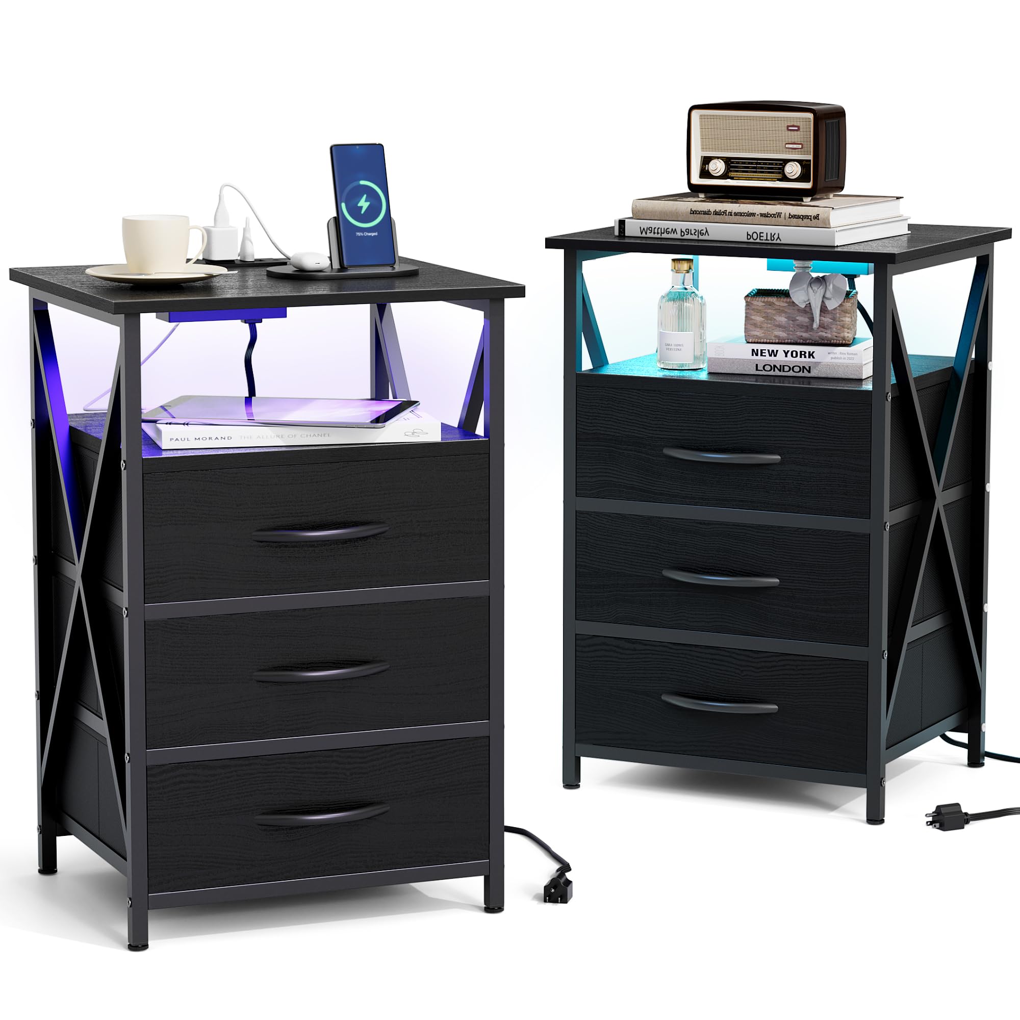 Furmax End Table, LED Nightstand Set of 2 with Charging Station and 3 Wooden Panel Fabric Drawers, 3-Tier Side Table with USB Ports and Outlets, for Bedroom, Living Room, Black