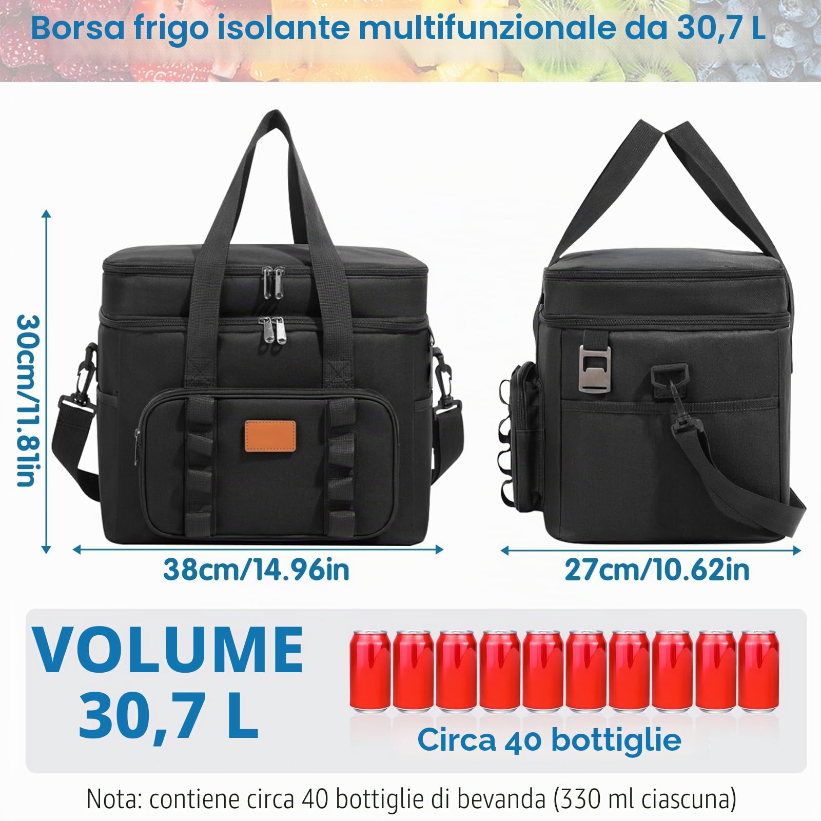 Borsa Termica Porta Pranzo 30.7L Doppio Frigo Grande con Tracolla Regolabile e Tasche Multiple per Picnic Campeggio Ufficio Nero