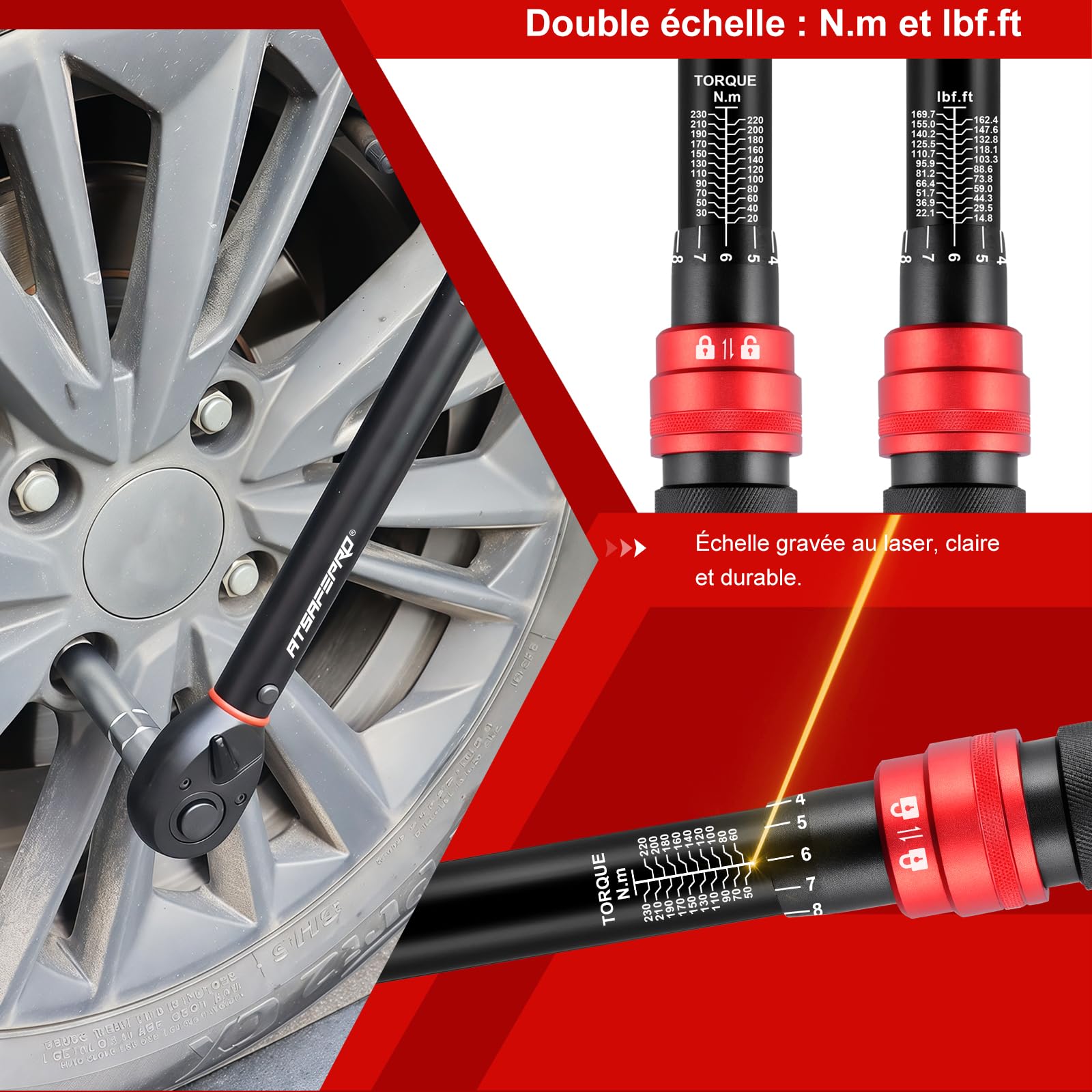 ATsafepro Clé Dynamométrique 1/2" 20-230 Nm Avec Adaptateur 1/2" Vers 3/8", Précision ±3%, Pour Voiture, Moto, Camion