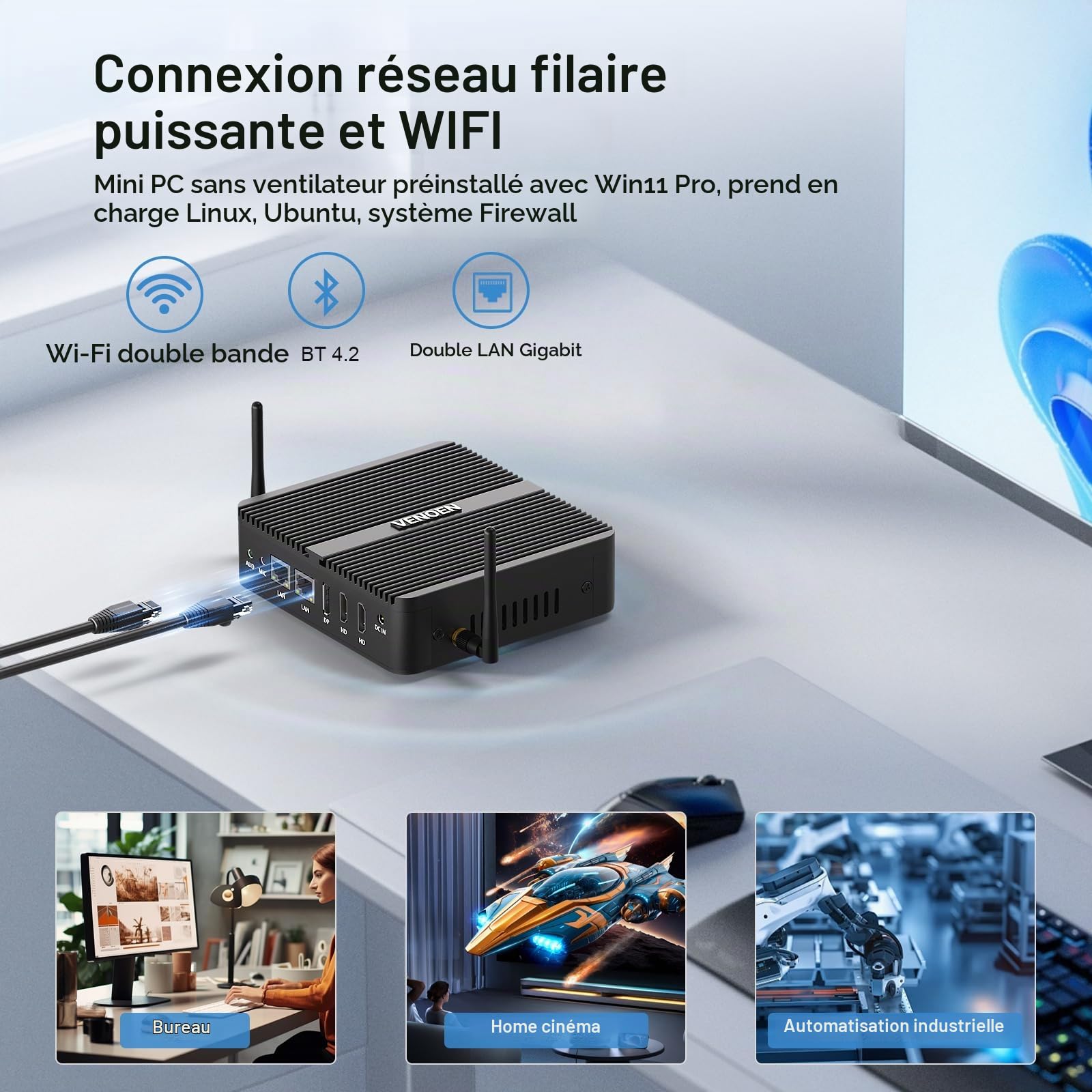 Fanless Mini PC Win11 pro Industriel PC J6412, 2xHD+DP Triple Display HTPC