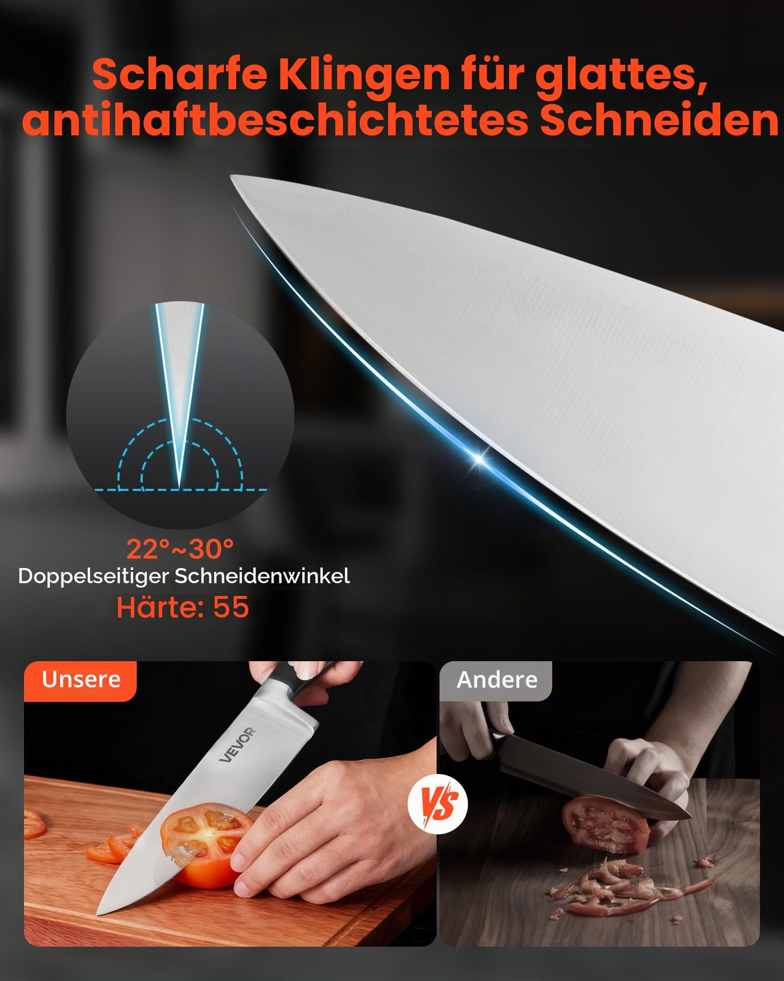 VEVOR Küchenmesserset mit Messerblock (Holz) & Wetzstahl, 15-tlg. Messerset aus scharfen Messern aus hochkohlenstoffhaltigem Edelstahl, Küchenbesteck mit bruchfestem Griff, für Hobbyköche