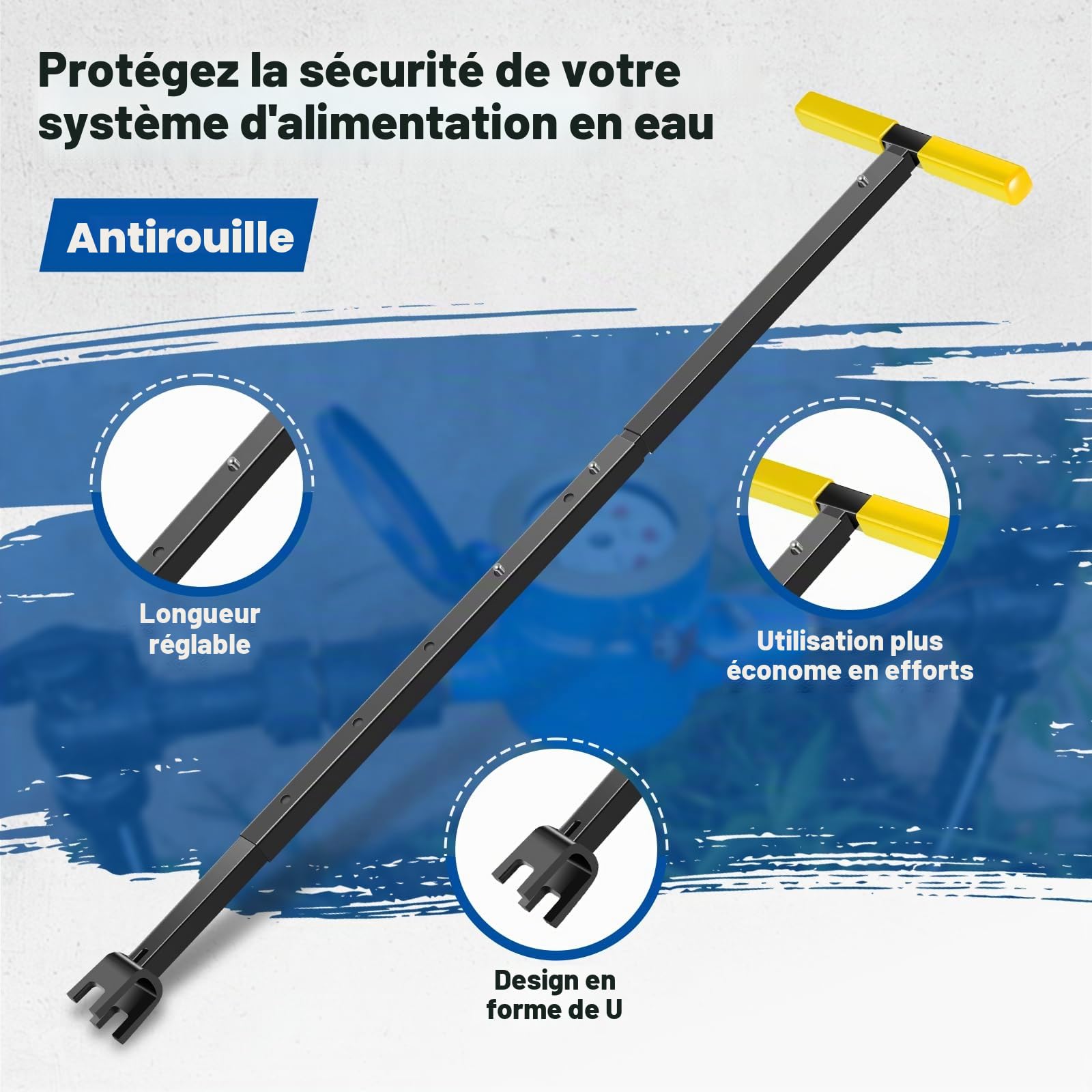 Clé de compteur d'eau avec outil 4 voies en acier au carbone en forme de T - 43 à 94 cm - Longueur réglable - Clé universelle pour l'entretien des conduites d'eau et des vannes - Jaune