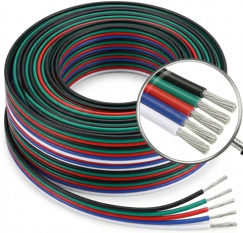 EvZ 22 AWG 5-Pin RGBW LED Extension Cable Bulk Roll (1936ft / 590M) - Pro Grade 5-Conductor Parallel Wire for Large Scale LED Projects, Tinned Copper 12V/24V Hookup Cord for Contractors & Studios