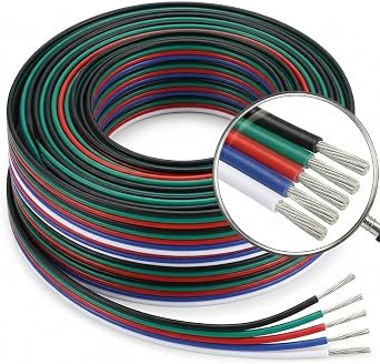EvZ 22 AWG 5-Pin RGBW LED Extension Cable 66ft/20m - 5 Conductor 22 Gauge Parallel Hookup Wire for 5050 3528 RGB+White LED Strips, 12V/24V DC Ribbon Lights, Flexible tinned Copper B-G-R-B-W