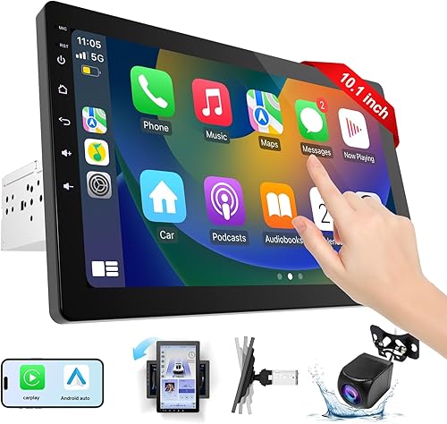 Miniatura 2 de Pantalla giratoria Carplay de 10.1 pulgadas para automóvil y Android Auto, estéreo de automóvil de un solo DIN con cámara de respaldo de 1080P,